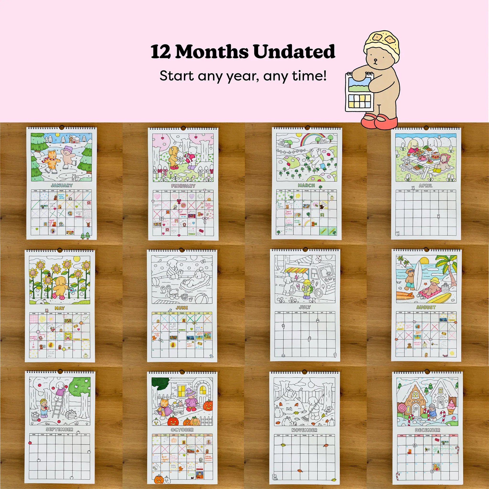 Coloring calendar with cartoon characters and coloring pages on a wooden surface