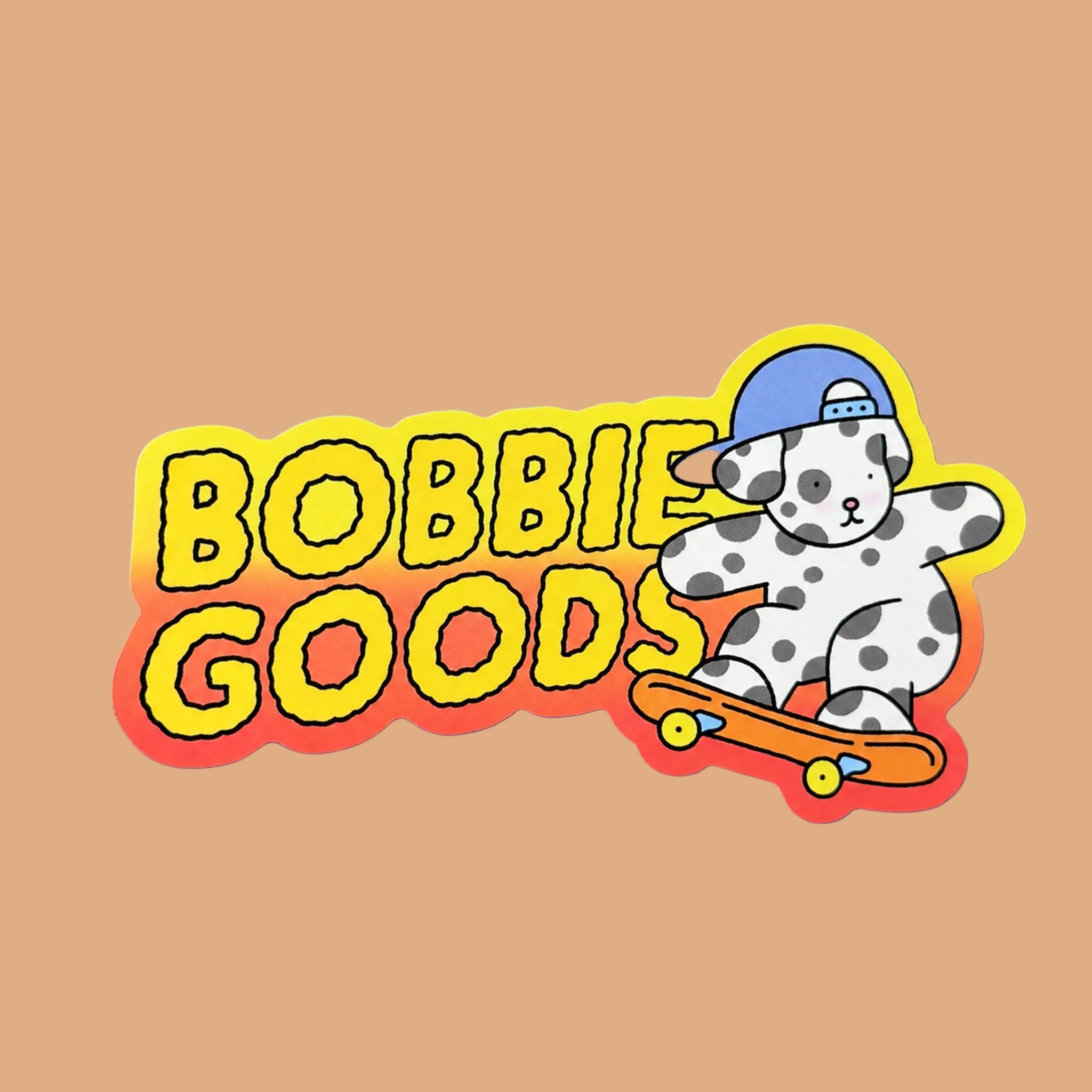 Sticker with 'Bobbie Goods' text and a Dalmatian dog on a skateboard against a blue background