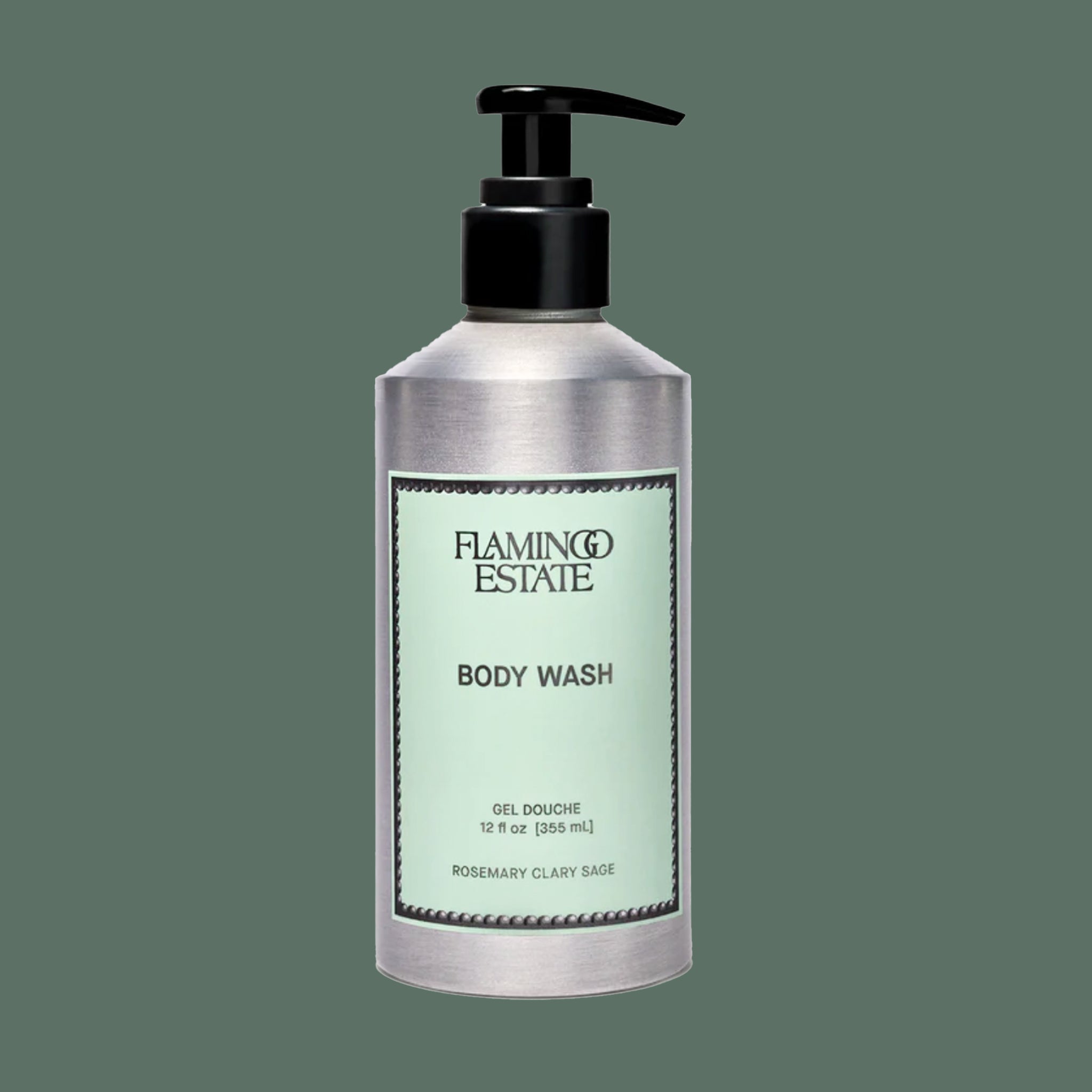 A silver bottle of body wash with a light teal label that reads, "Flamingo Estate Body Wash". 