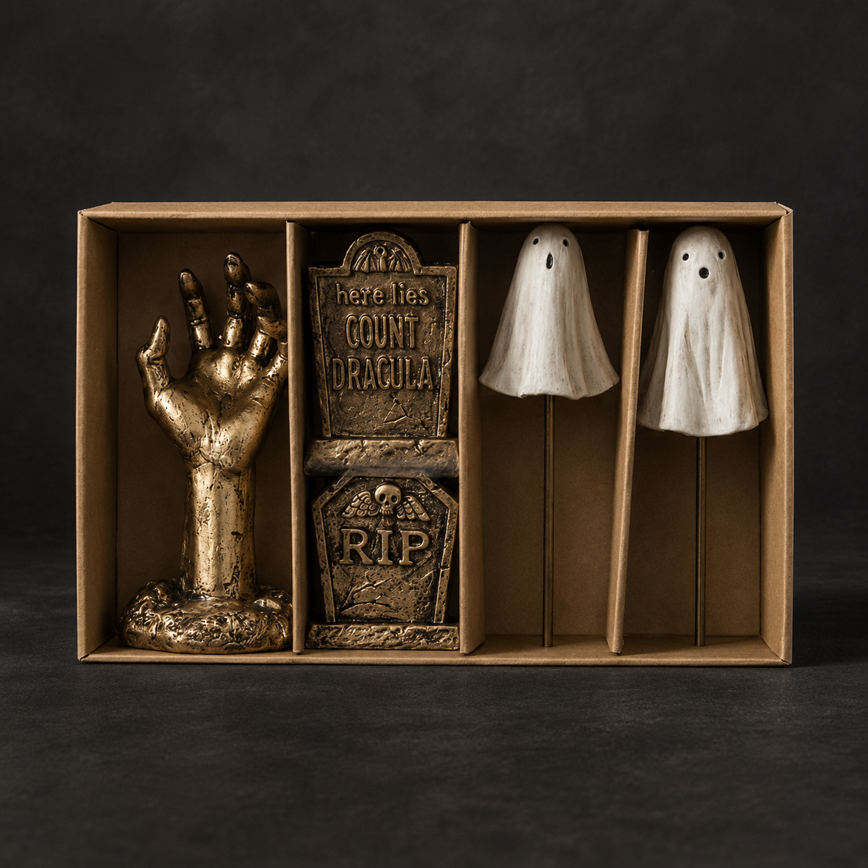 Halloween themed plant stakes in a cardboard box.