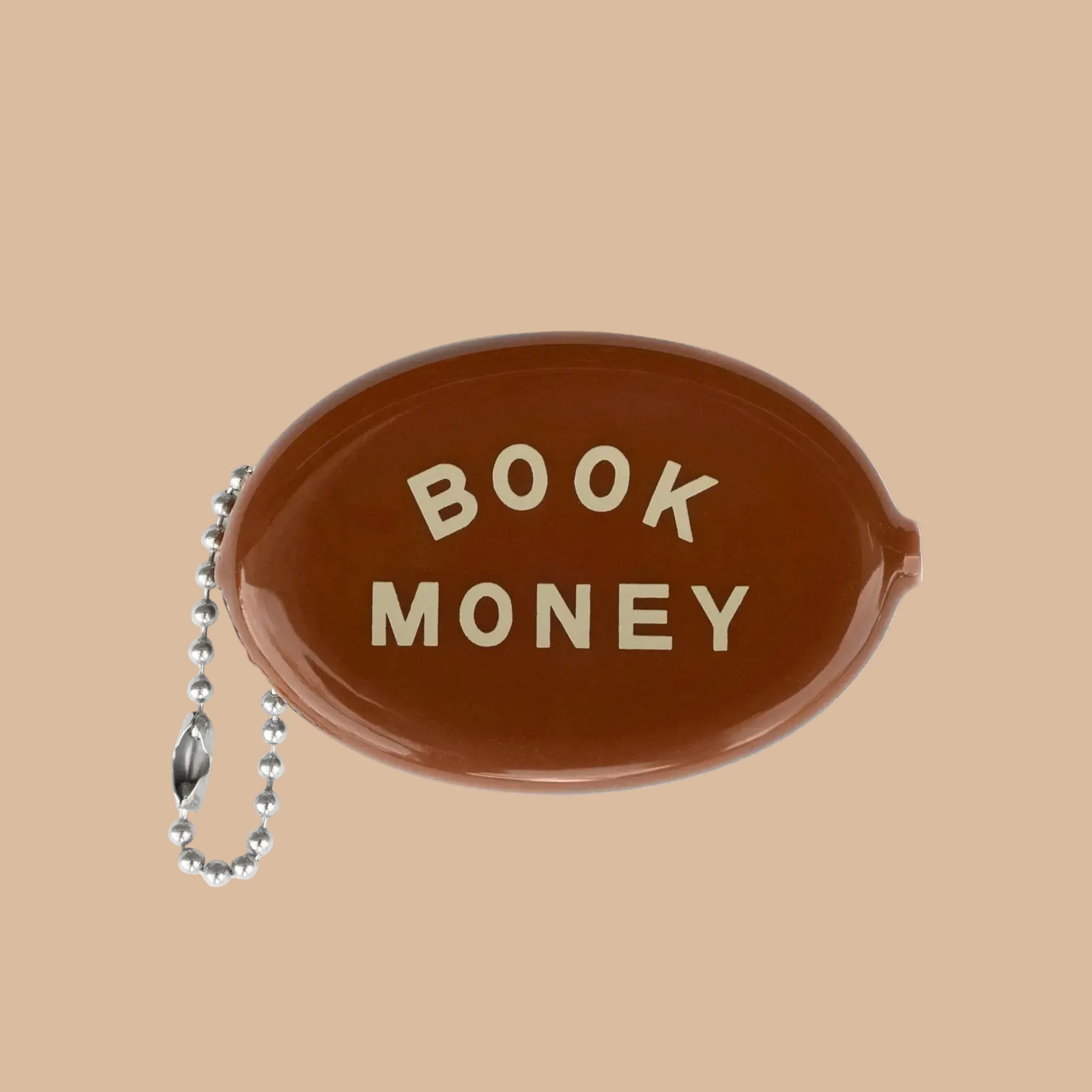 Brown coin purse with 'BOOK MONEY' text on a brown background.