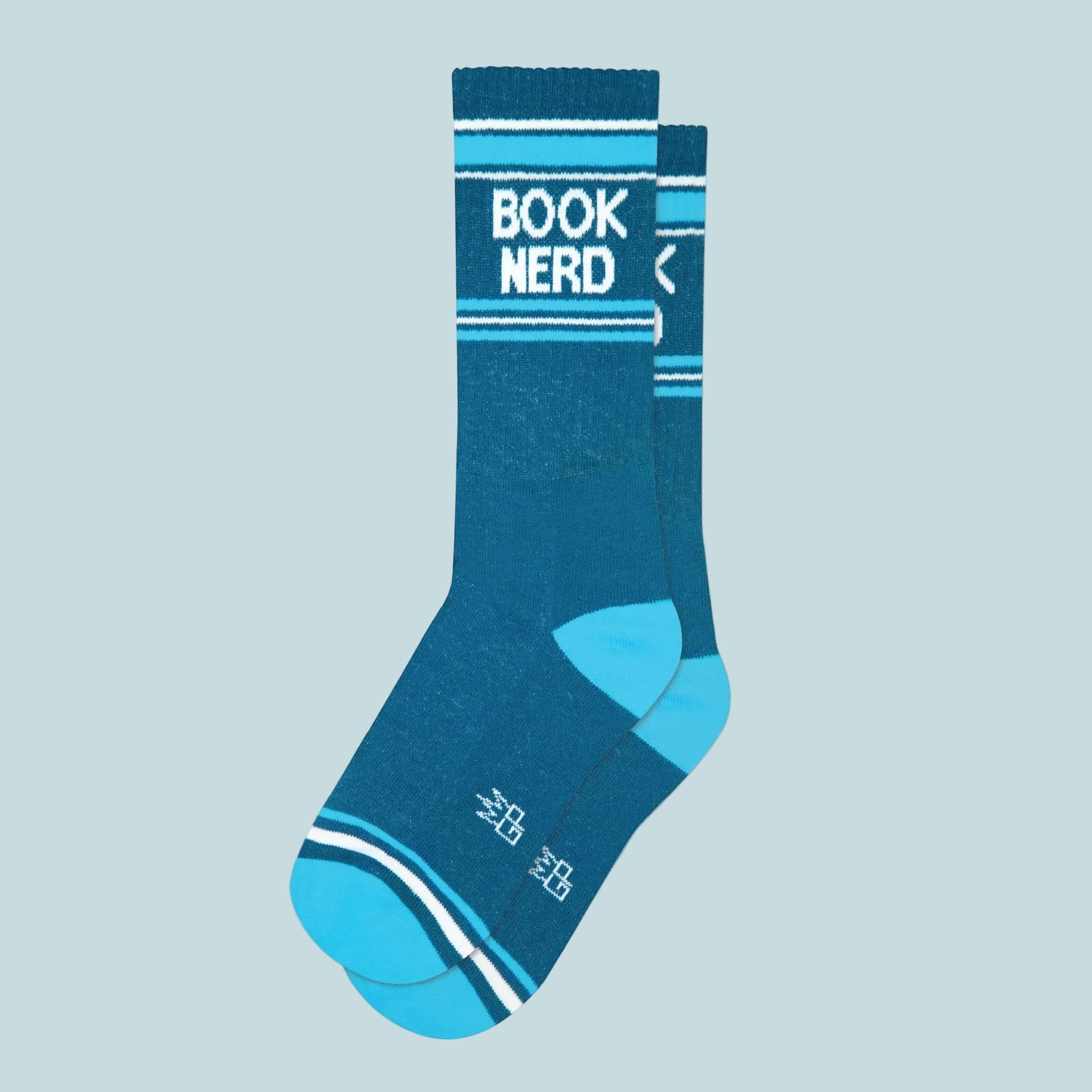 Blue "Book Nerd" crew socks. 