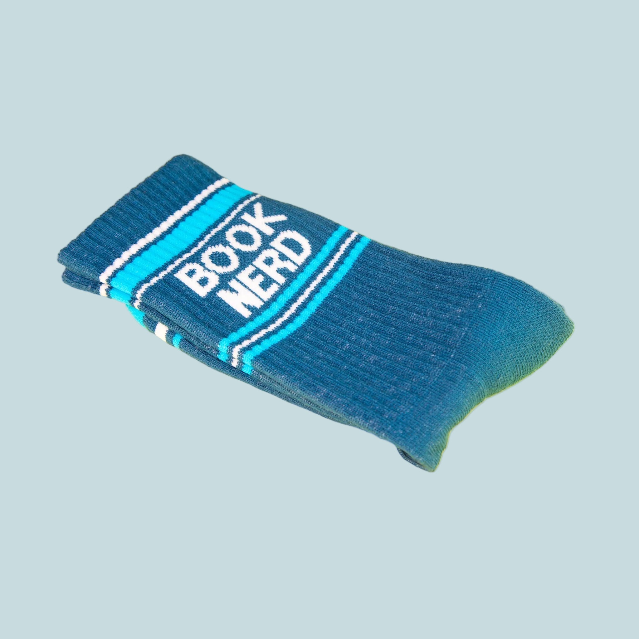 Blue "Book Nerd" crew socks. 