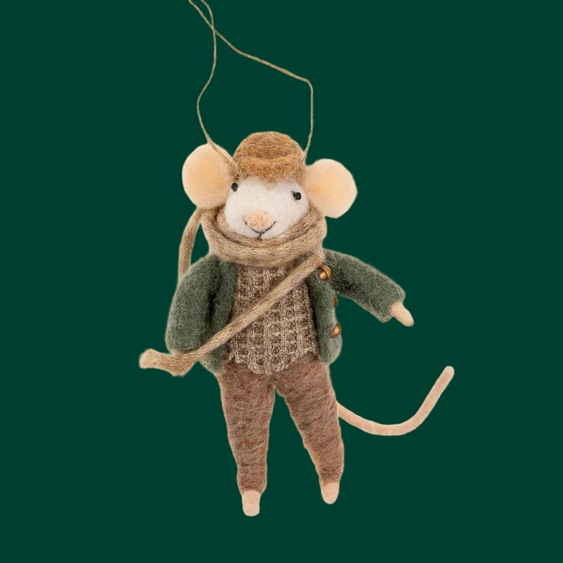 A white mouse shaped ornament wearing a cozy winter outfit and a crossbody bookbag. 