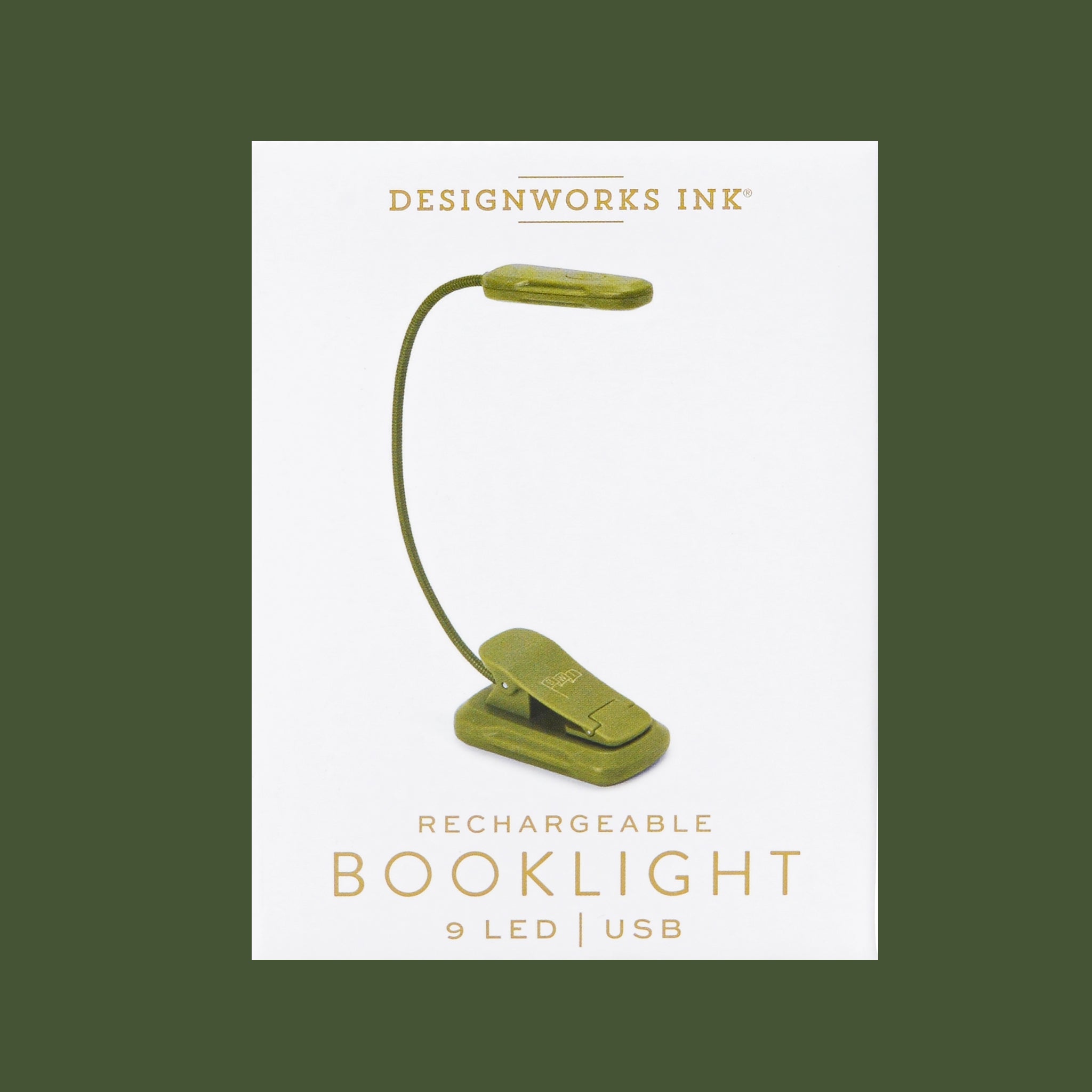 Green rechargeable booklight on a white background with 'Designworks Ink' branding.