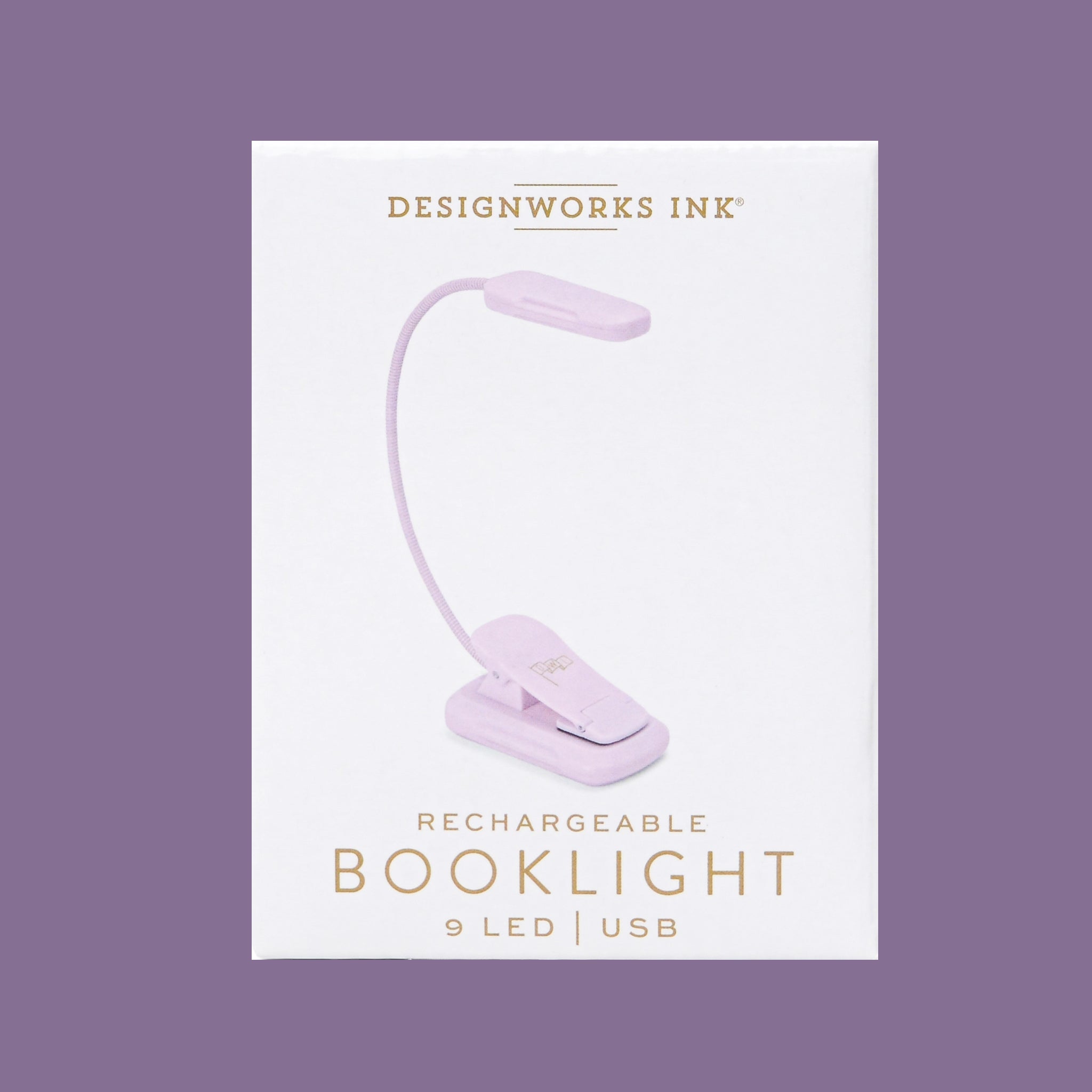 Rechargeable booklight packaging with 'Designworks Ink' branding on a purple background