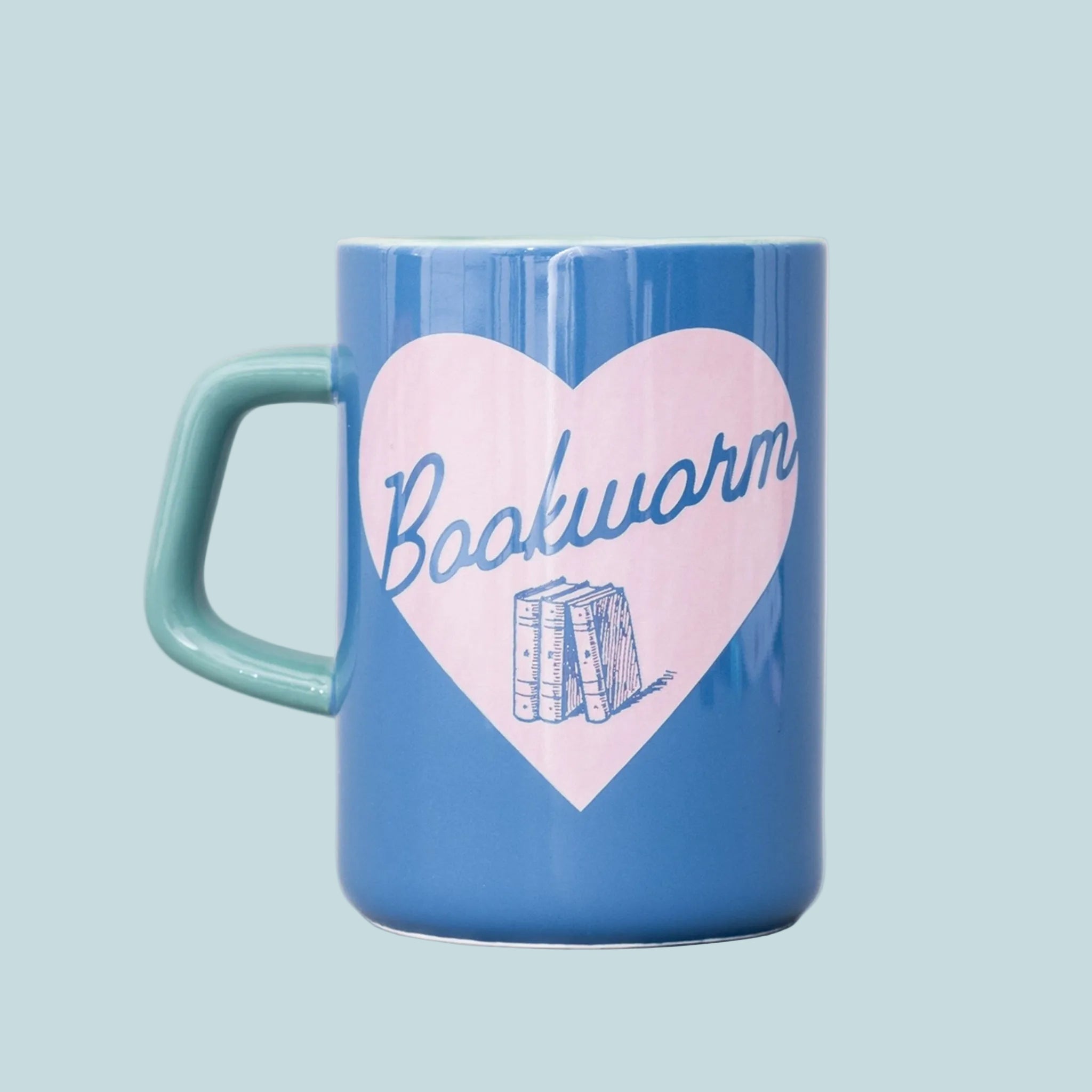 A blue and green mug with "Bookworm" on the front.