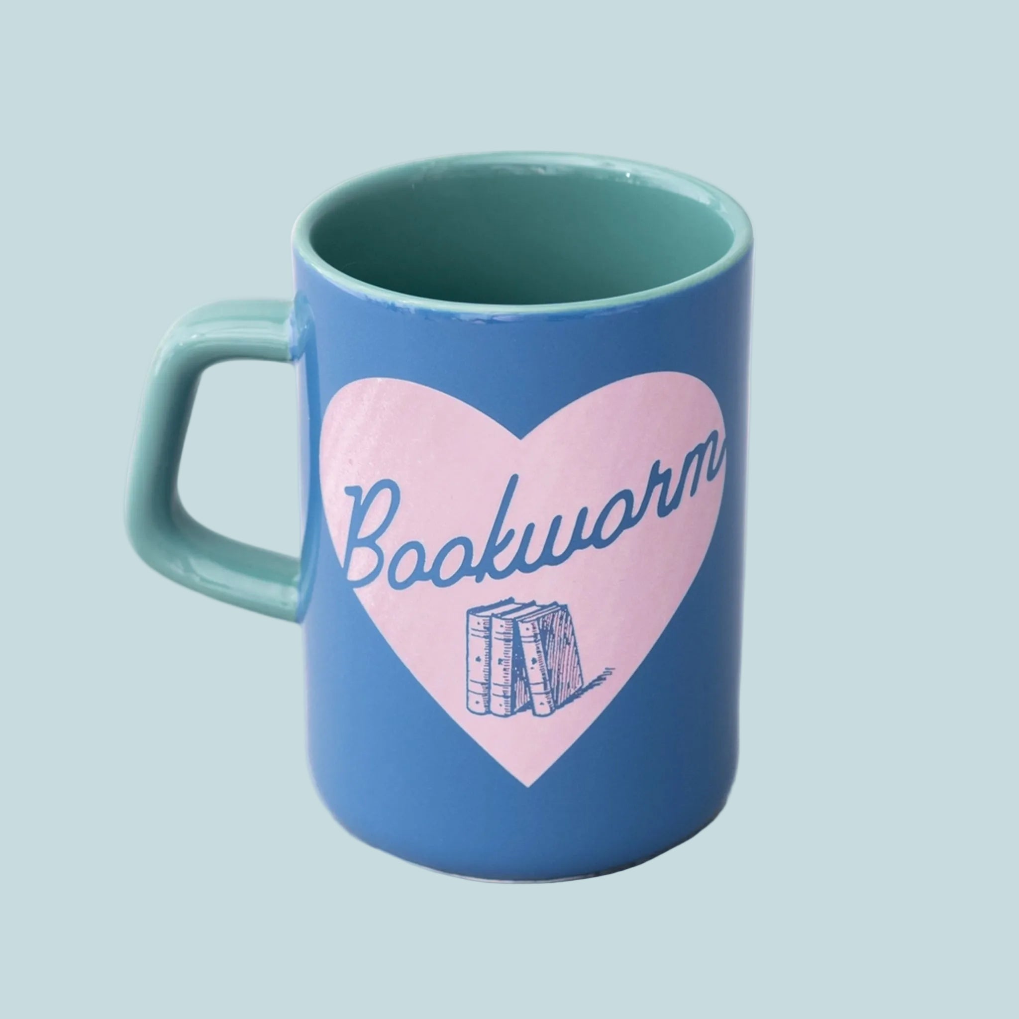 A blue and green mug with "Bookworm" on the front.
