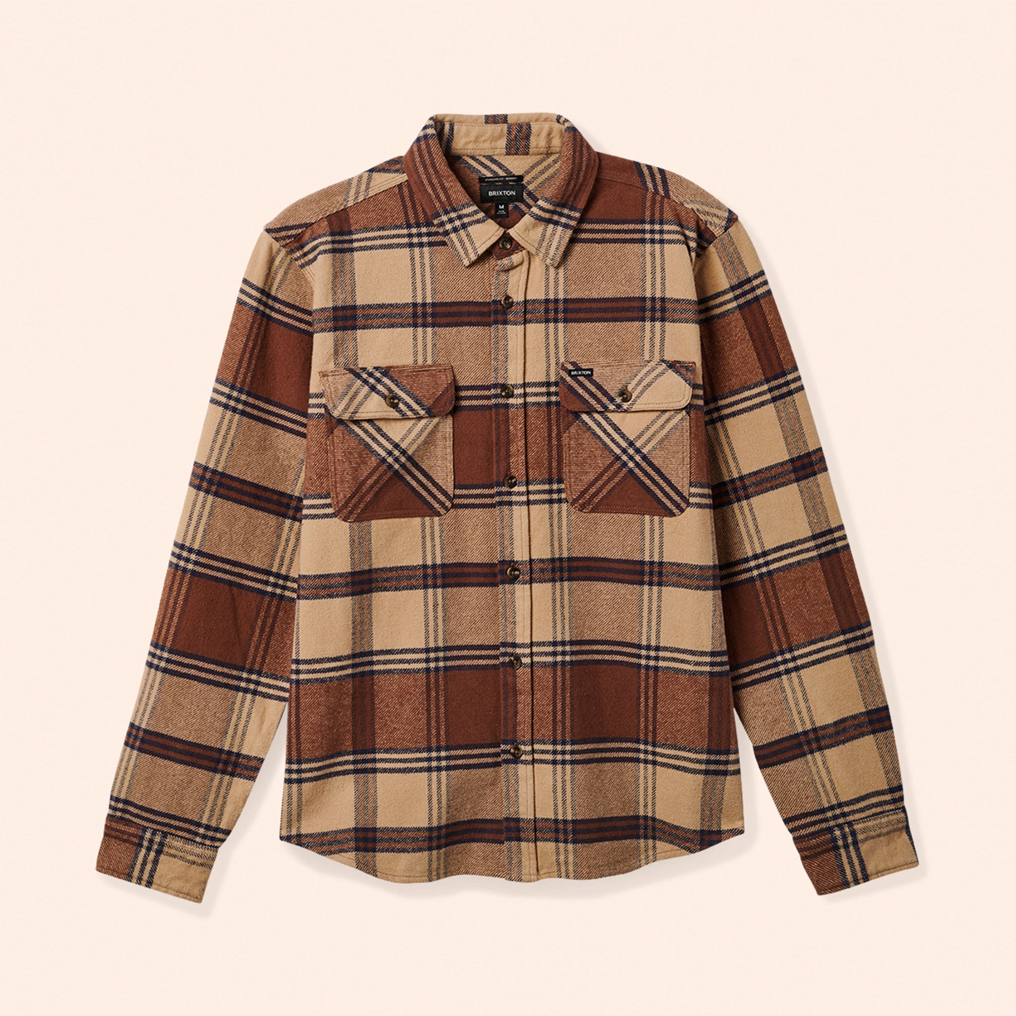 A brown and tan mens flannel button up shirt.