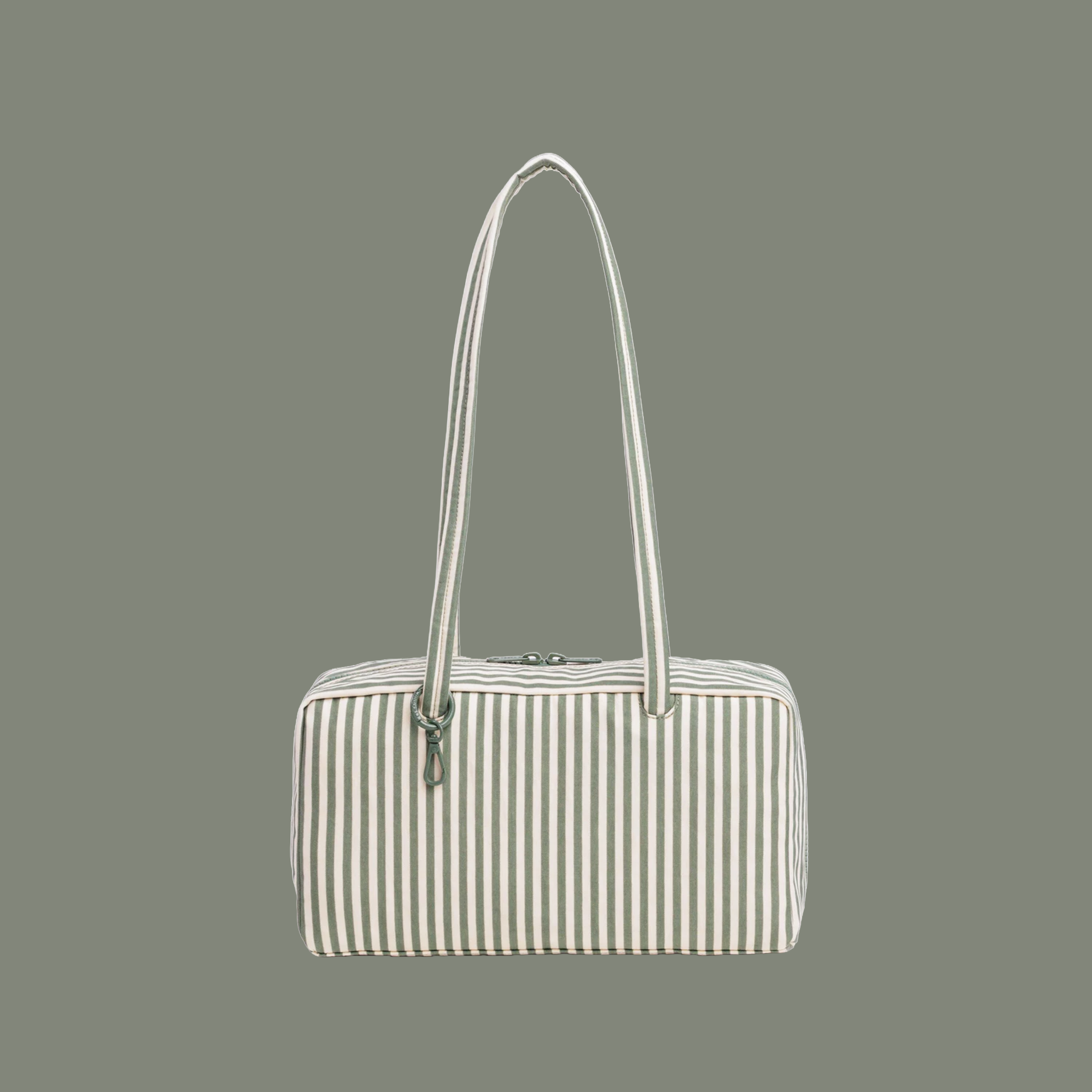 sage striped nylon bag on a sage green background.