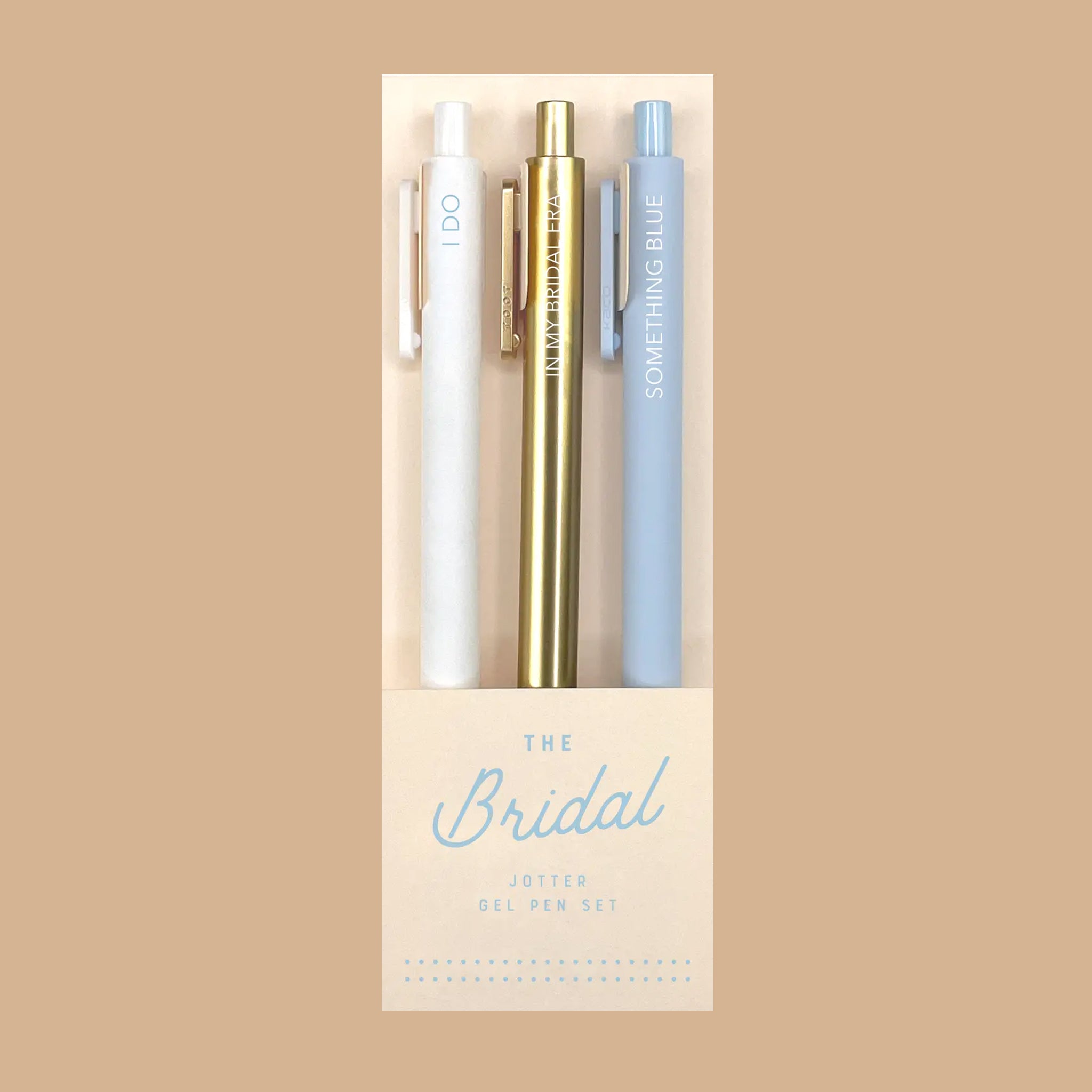 Set of three pens in a packaging labeled 'The Bridal' on a beige background