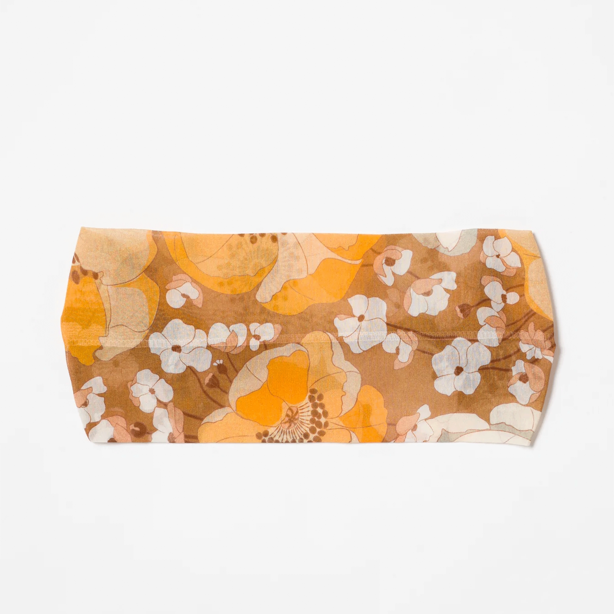 A wide headband with an ivory and yellow floral print.  Edit alt text