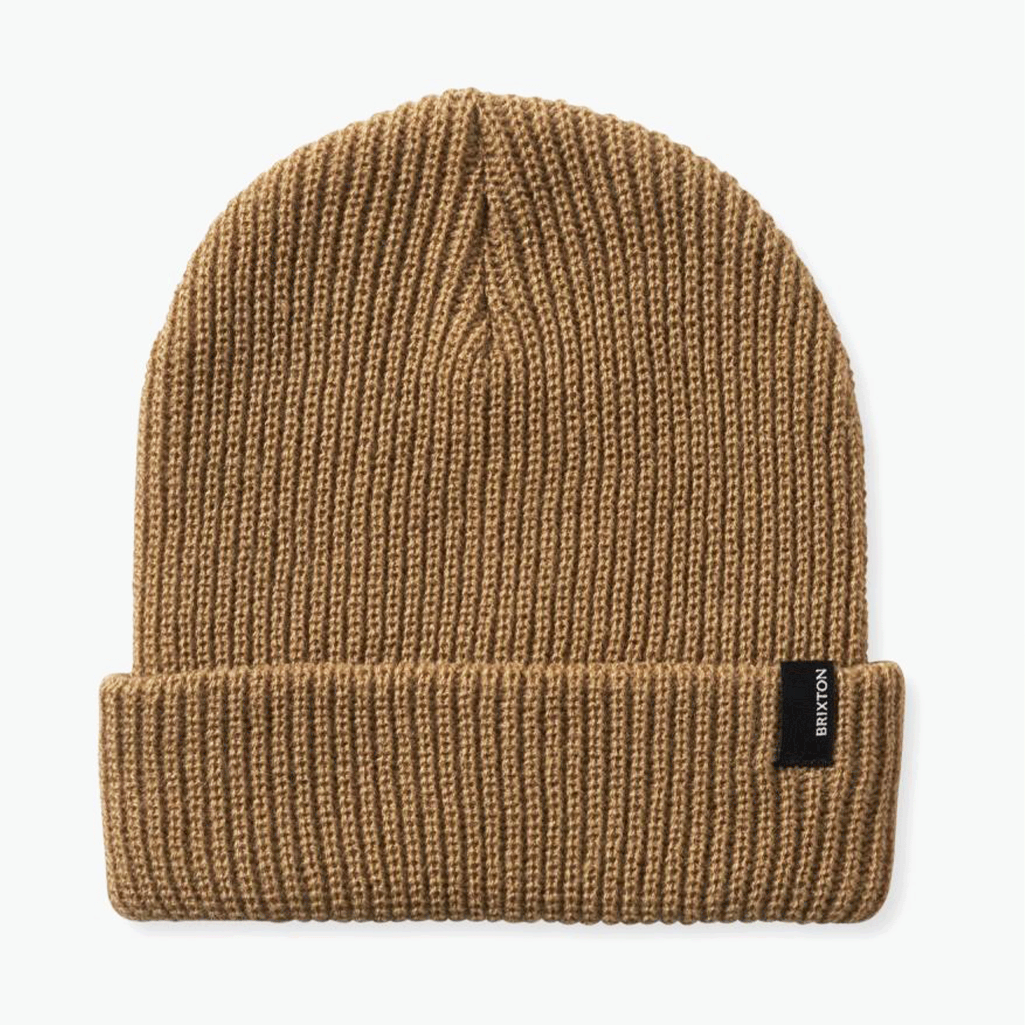 On a white background is a tan knit beanie with a label on the front cuff that reads, &quot;Brixton&quot;.