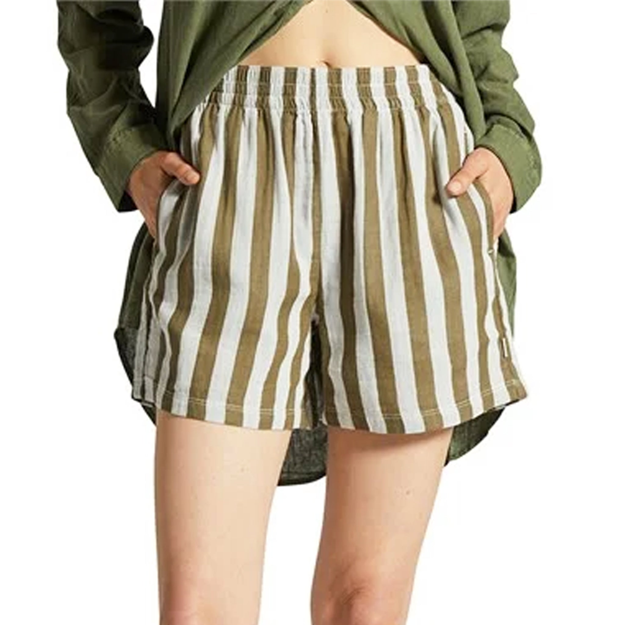 On a white background is a pair of white and olive green shorts with an elastic waistband and pockets. 