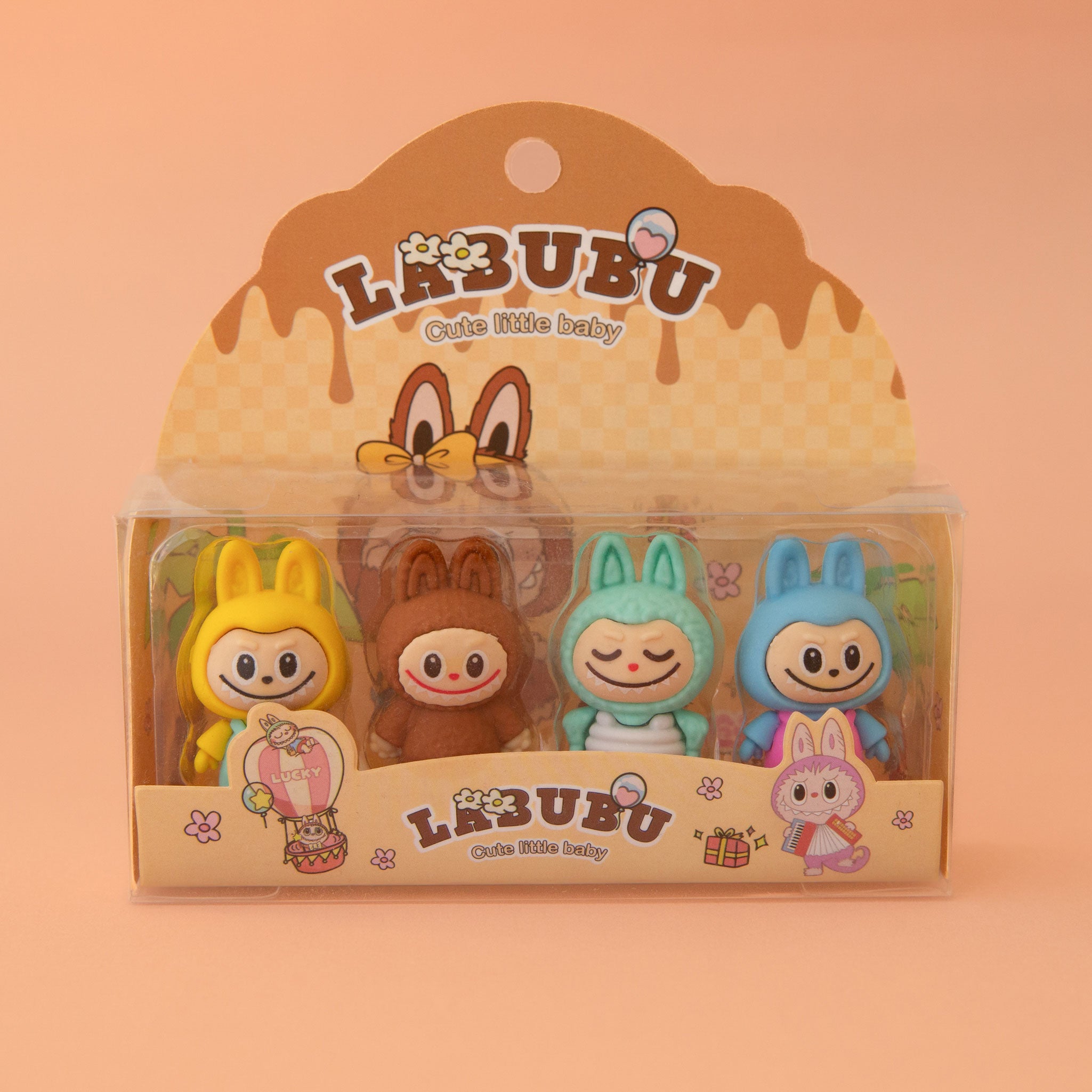 A set of four Labubu shaped erasers with text on the packaging that reads, 'Labubu Cute little baby'. 
