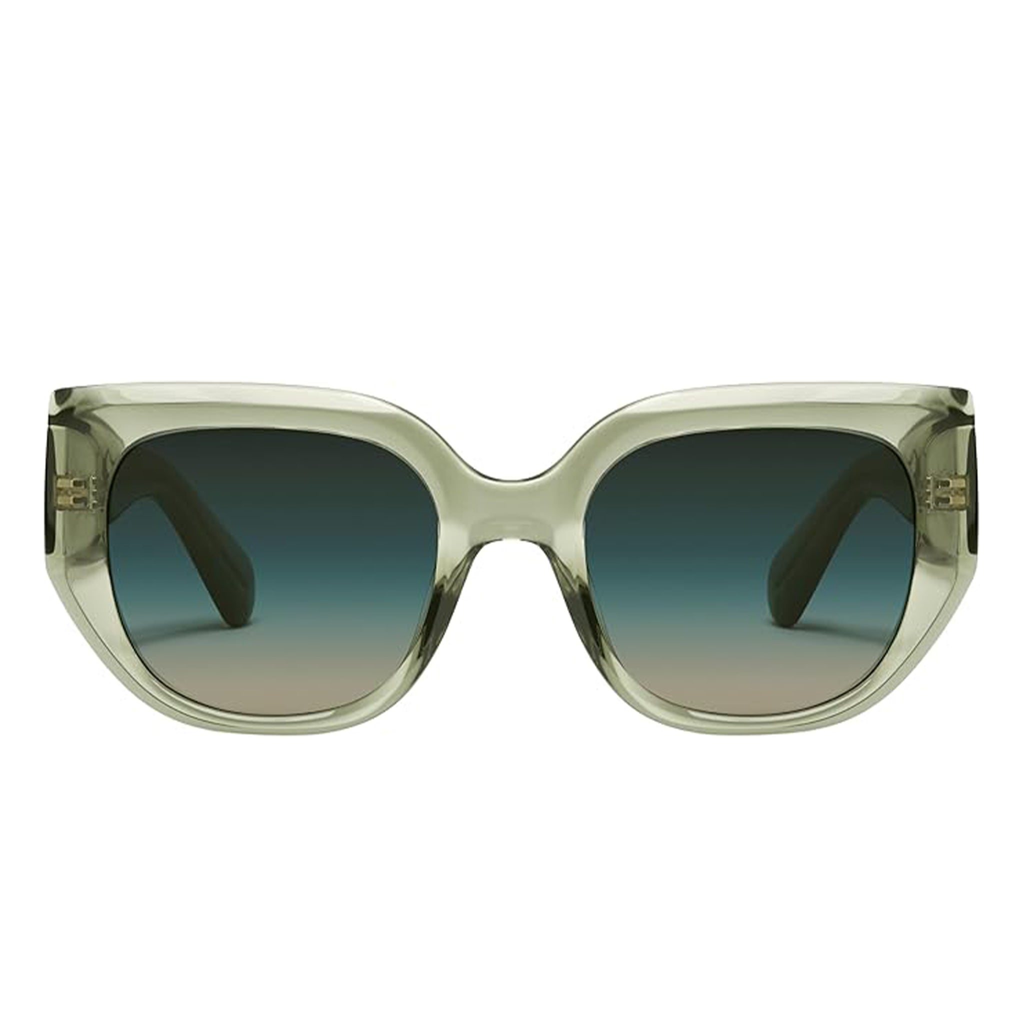 A green pair of chunky sunglasses. 