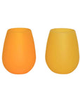 A pair of stemless silicone cups, one light yellow and the other darker.