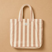 A pink and cream striped terry cotton tote bag. 