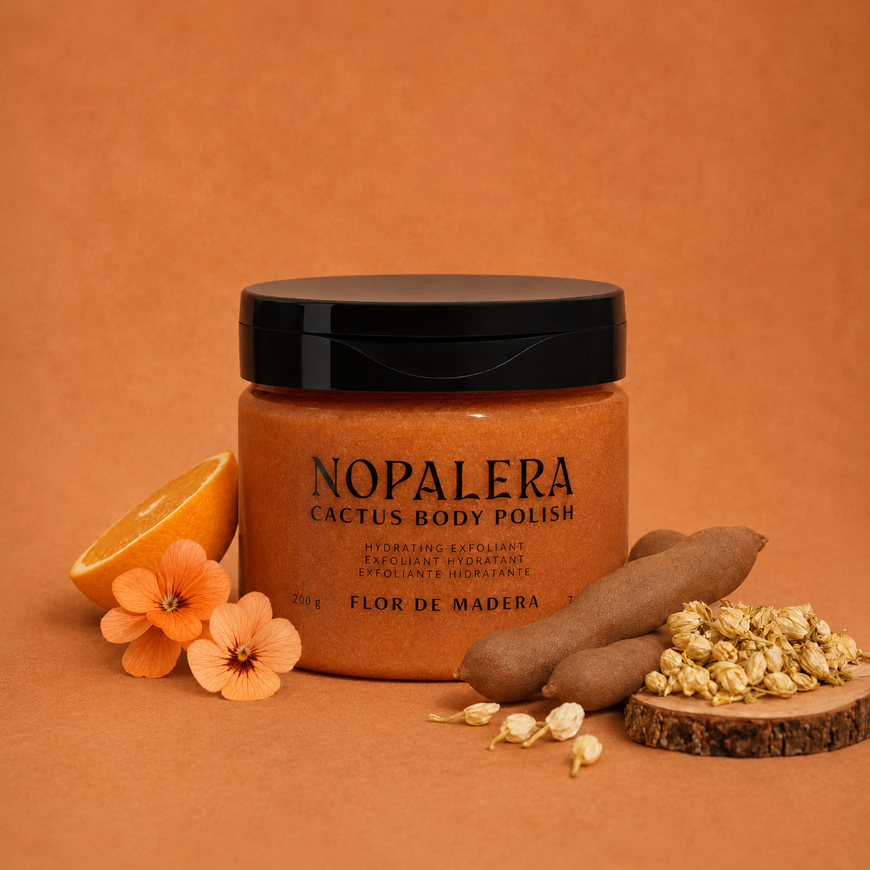A jar of Flor de Madera Nopalera Cactus Body Polish in a warm orange-brown shade, styled with cactus pieces, dried flowers, and an orange slice on a textured orange background.