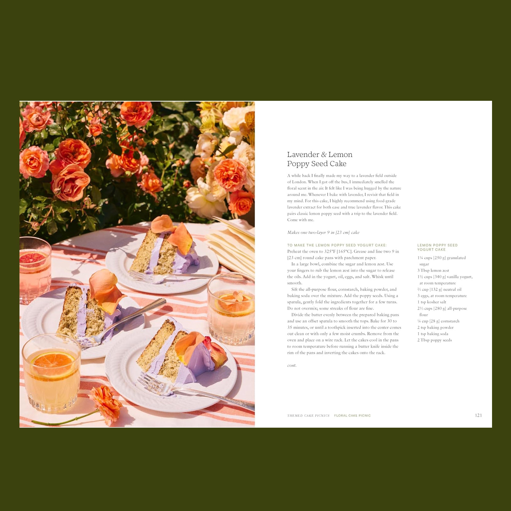 Table setting with cake and flowers, accompanied by a recipe card on a white background.