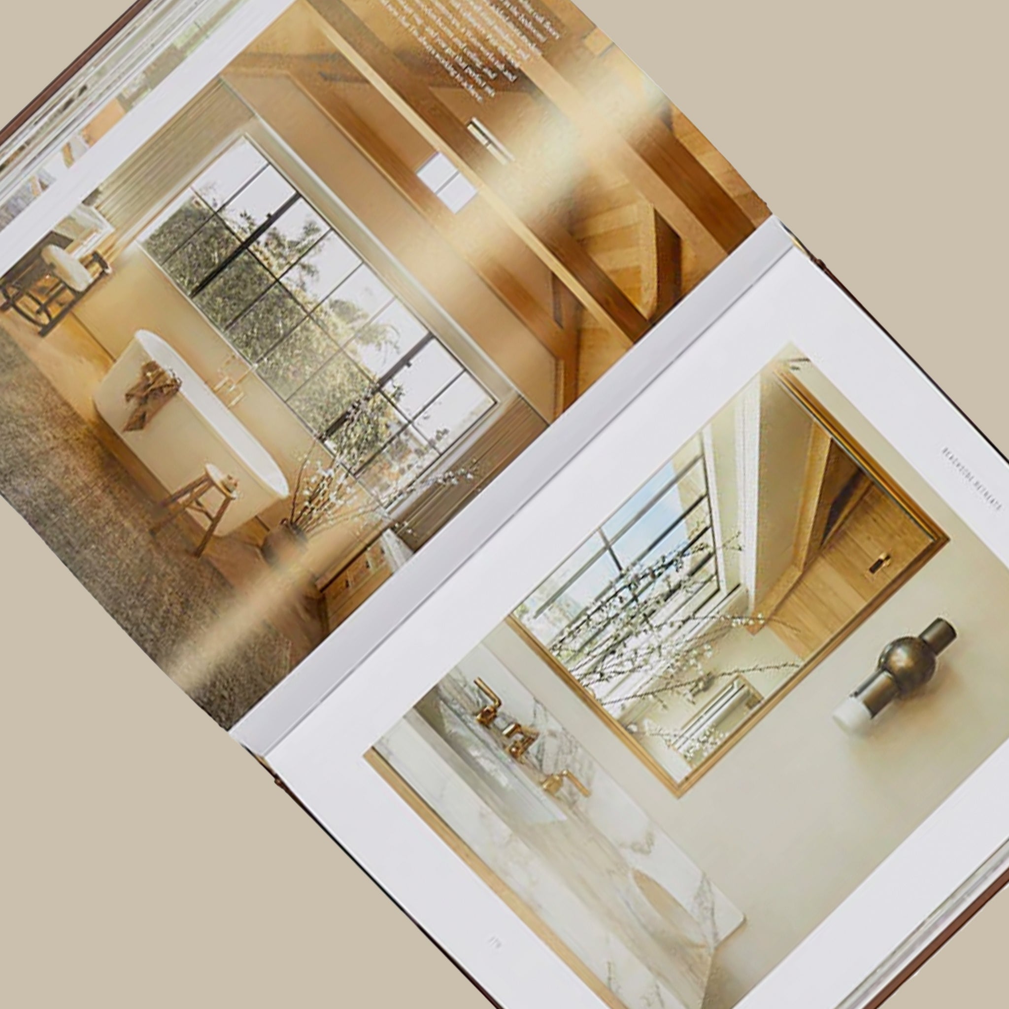 On a tan background is the book opened to a page in the book that features beautiful photographs of the interiors designed by Amber Lewis.