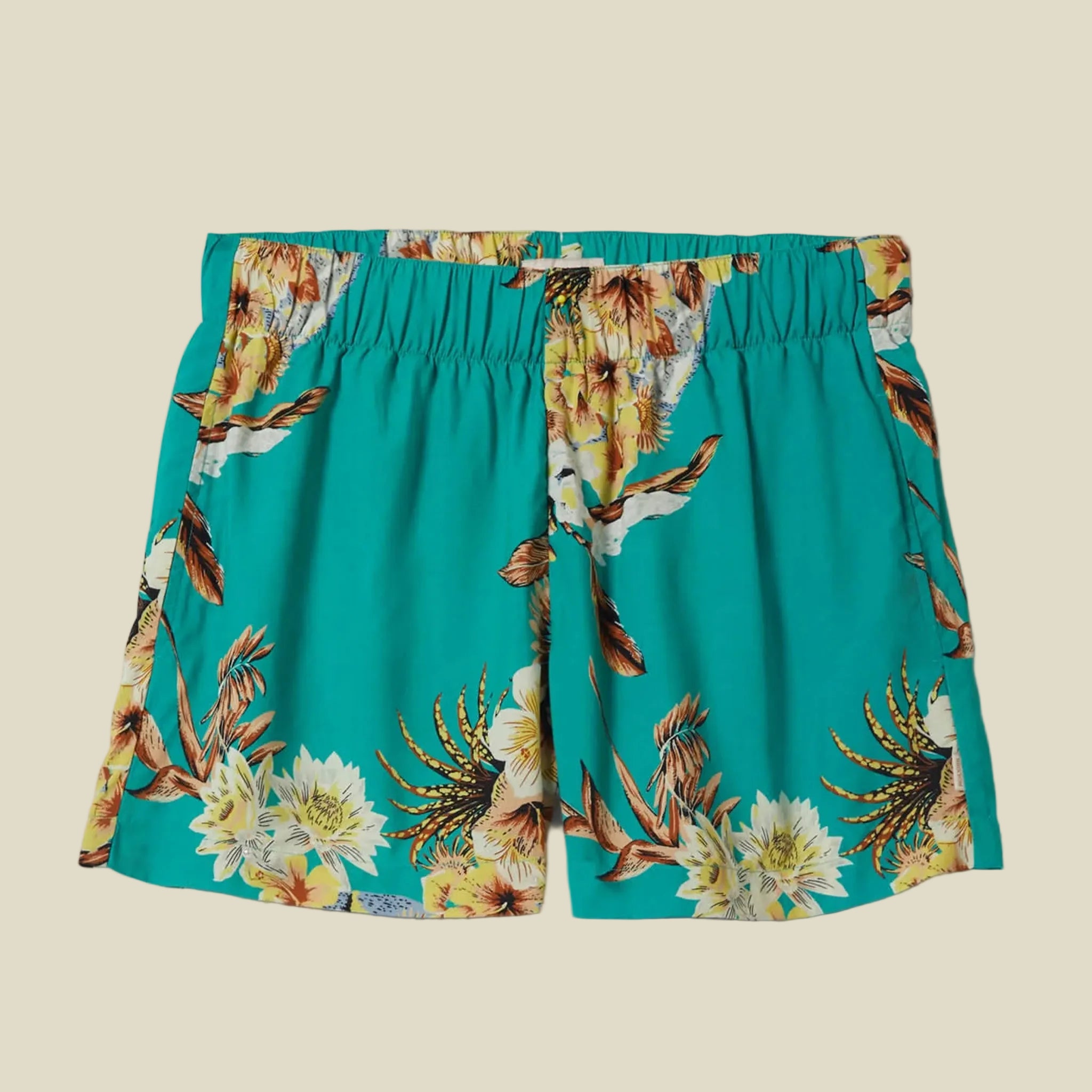 A teal tropical floral print pair of shorts. 