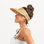 On a white background is a model wearing a neutral tan woven visor hat.
