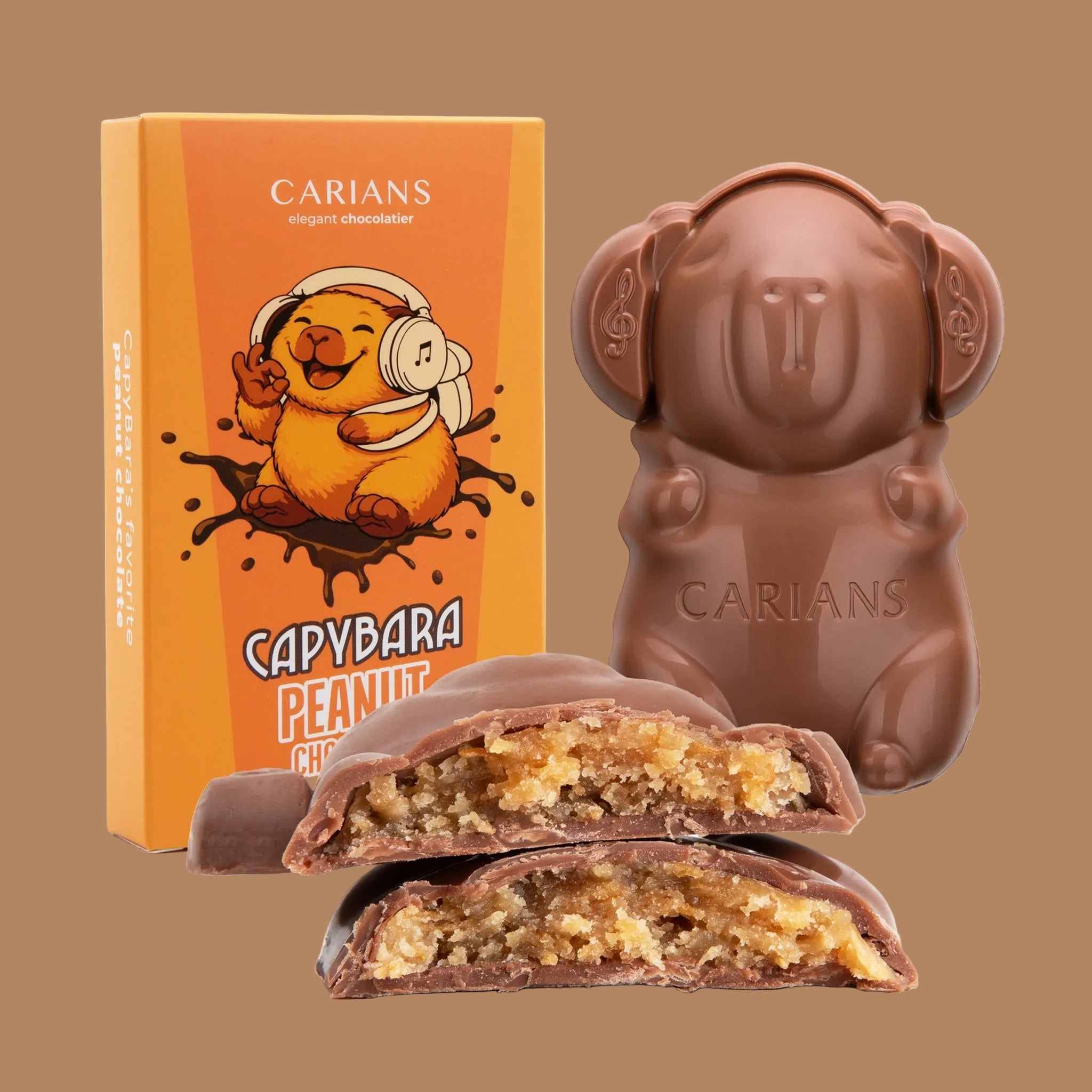 A chocolate bar in the shape of a capybara. "Carians elegant chocolatier Capybara Peanut Chocolate". 