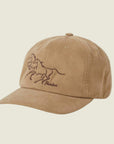 A tan baseball hat with brown embroidered horses on the front and text that reads, 'Brixton'. 