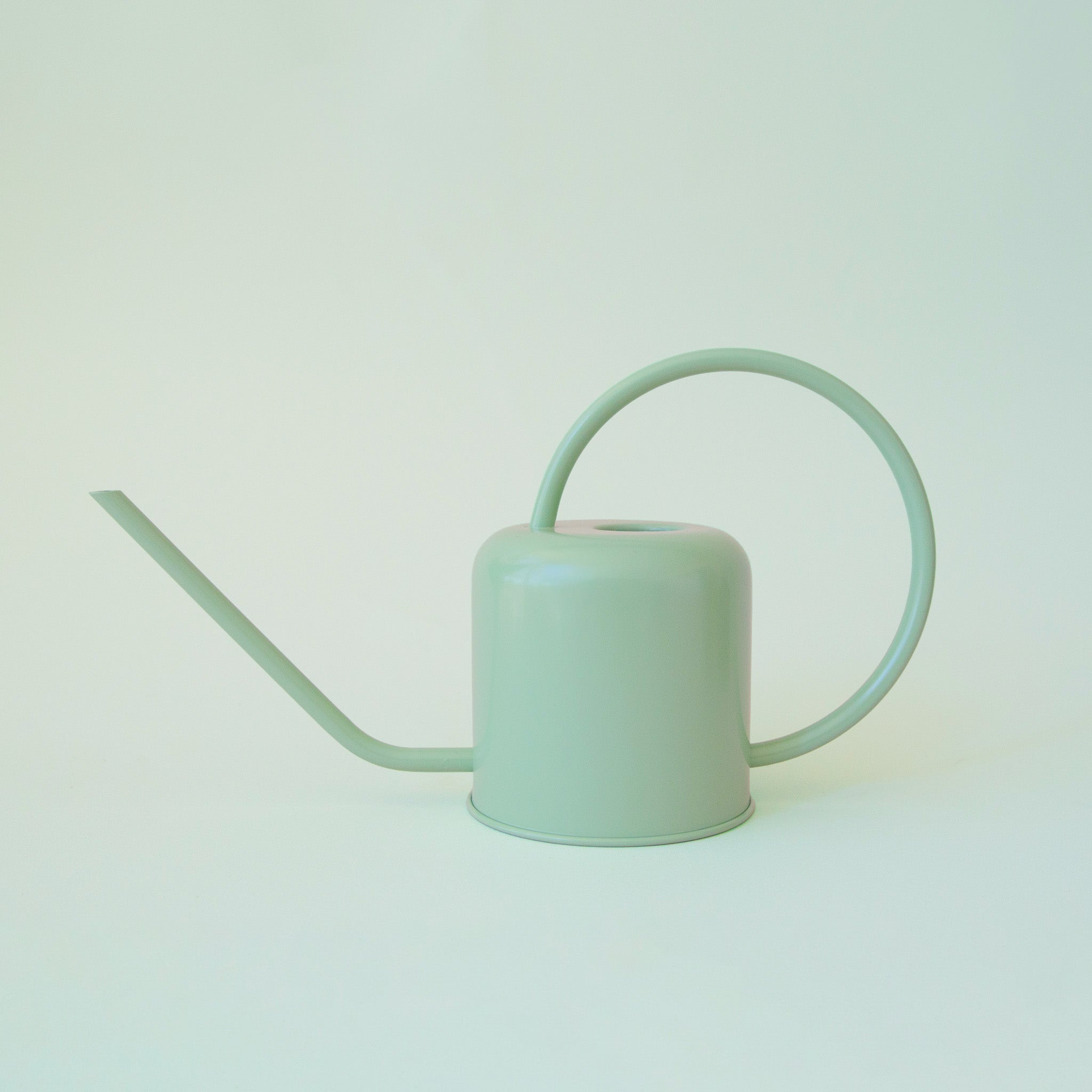 Mint green metal watering can with a long spout and circular handle on a soft pastel background.