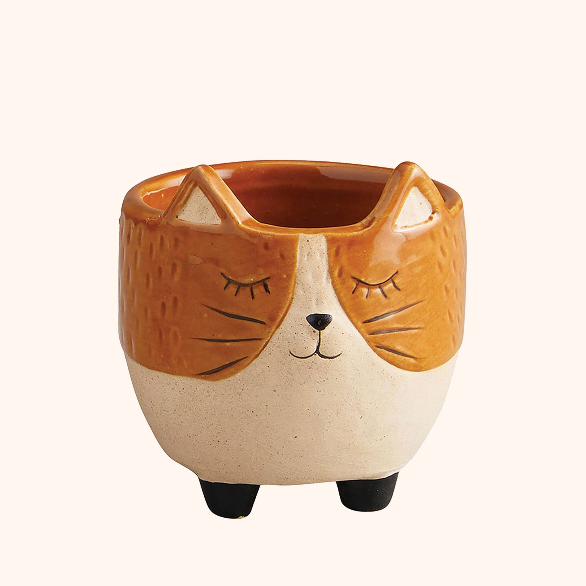 On a neutral background is a ceramic planter in ivory and orange with a cat face on the front. 