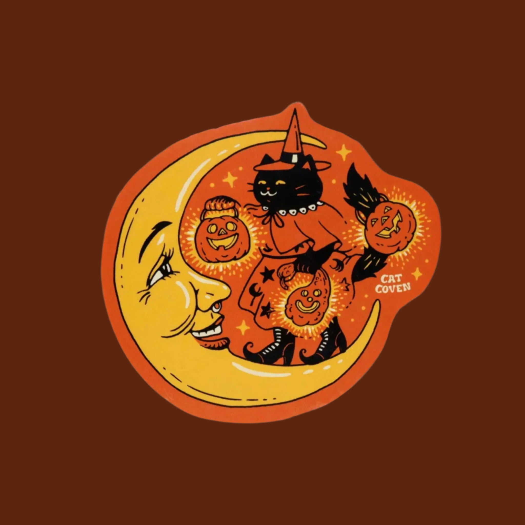 An orange, yellow and black moon, cat and jack o'lantern sticker. 