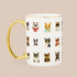 A luxurious porcelain mug featuring rows of different illustrated cats. Some cats are wearing cool sunglasses and patterned bandanas. This mug also has a gold handle and trim.