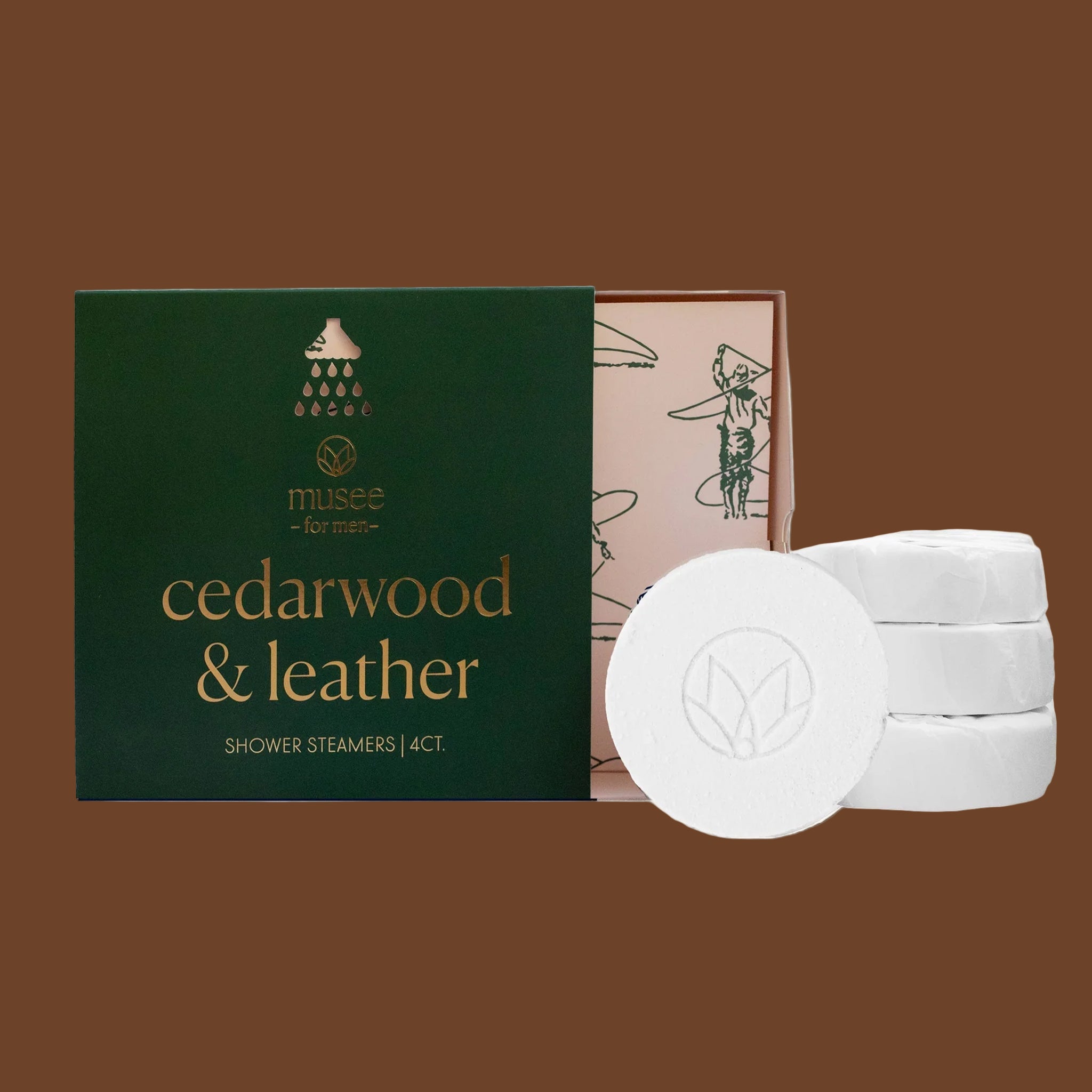 "musee for men cedarwood & leather shower steamers". 
