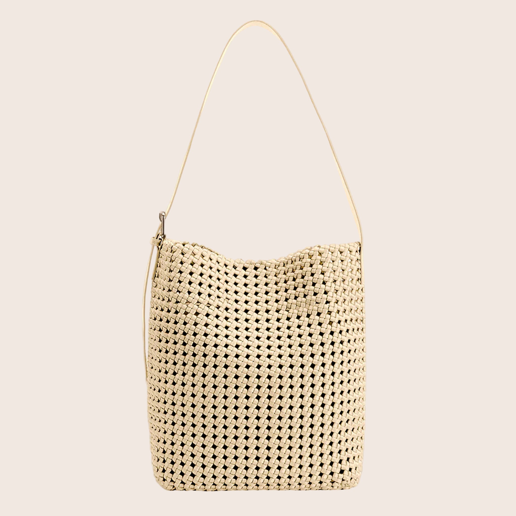 A butter yellow woven shoulder handbag with an insert. 