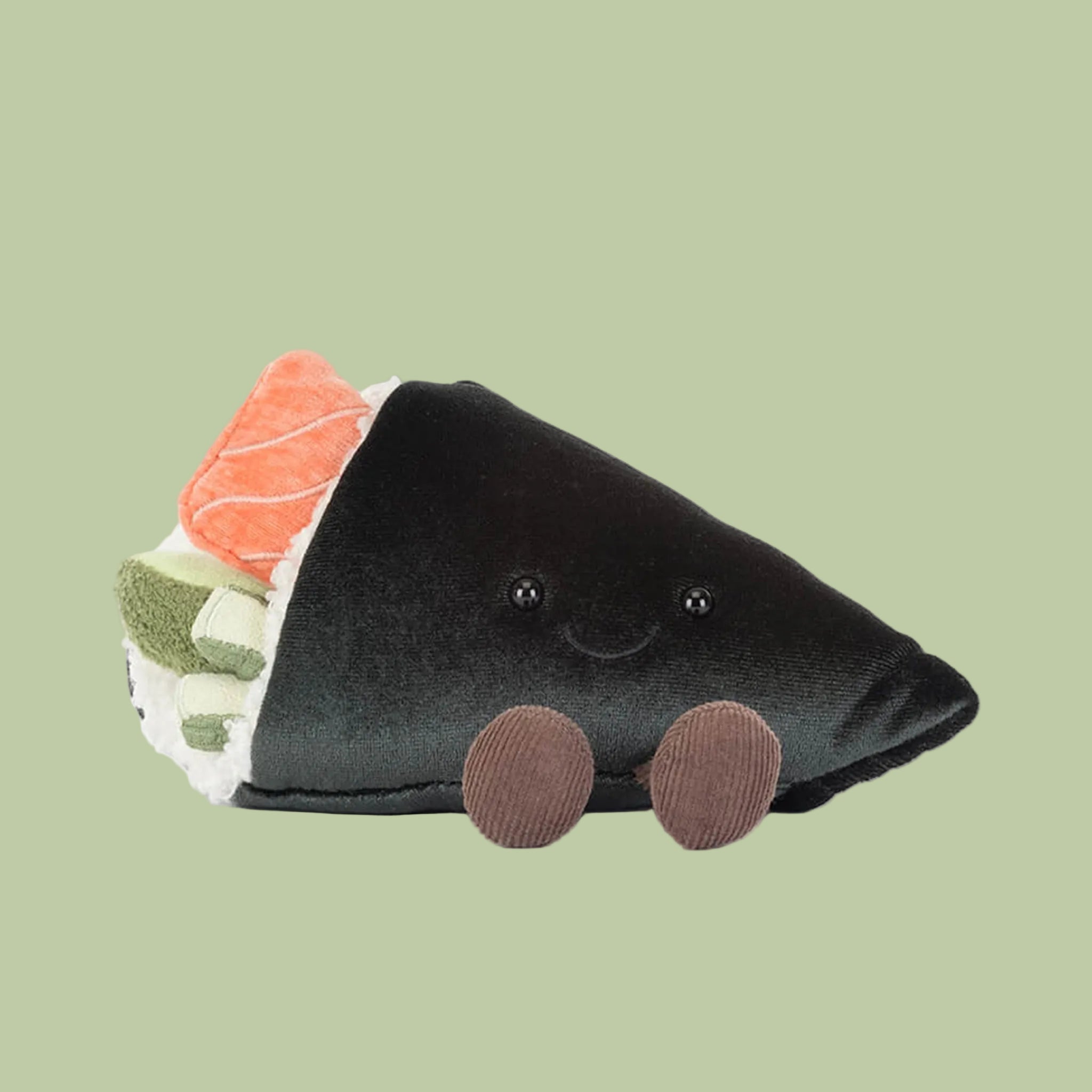 Plush toy resembling a sushi roll with salmon on a white background
