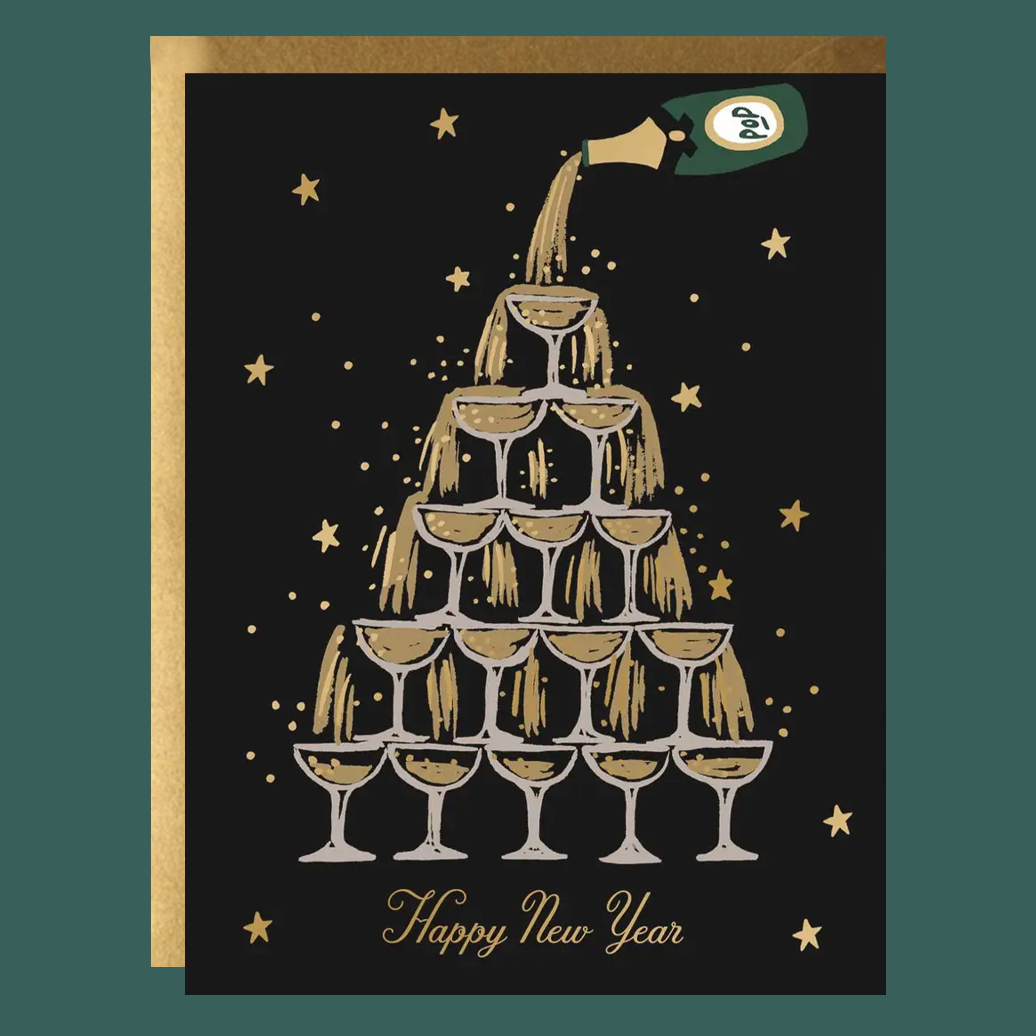 A black and gold card with an illustration of a champagne tower and text below that reads, 'Happy New Year'. 