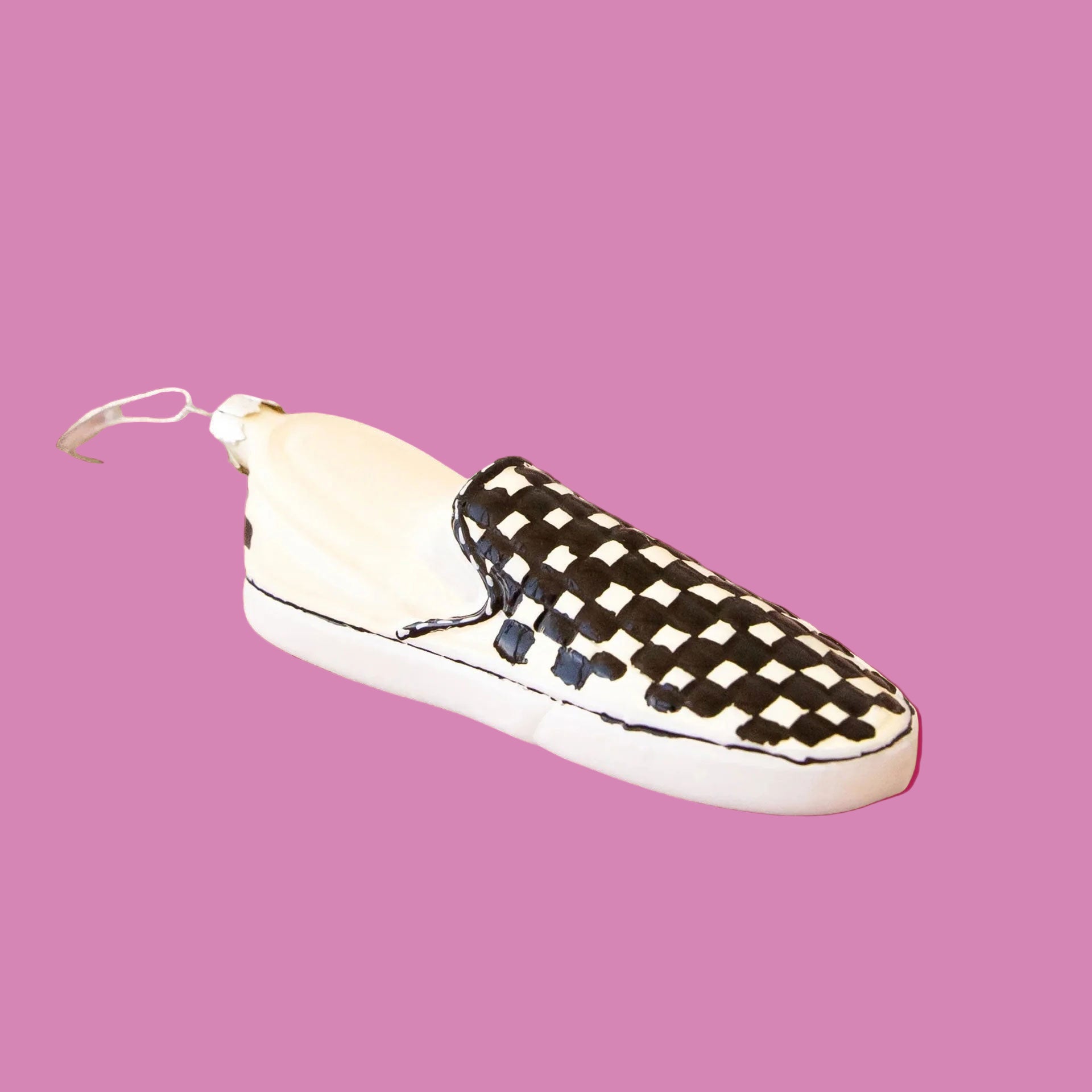 Black and white checkered slip on sneaker ornament. 