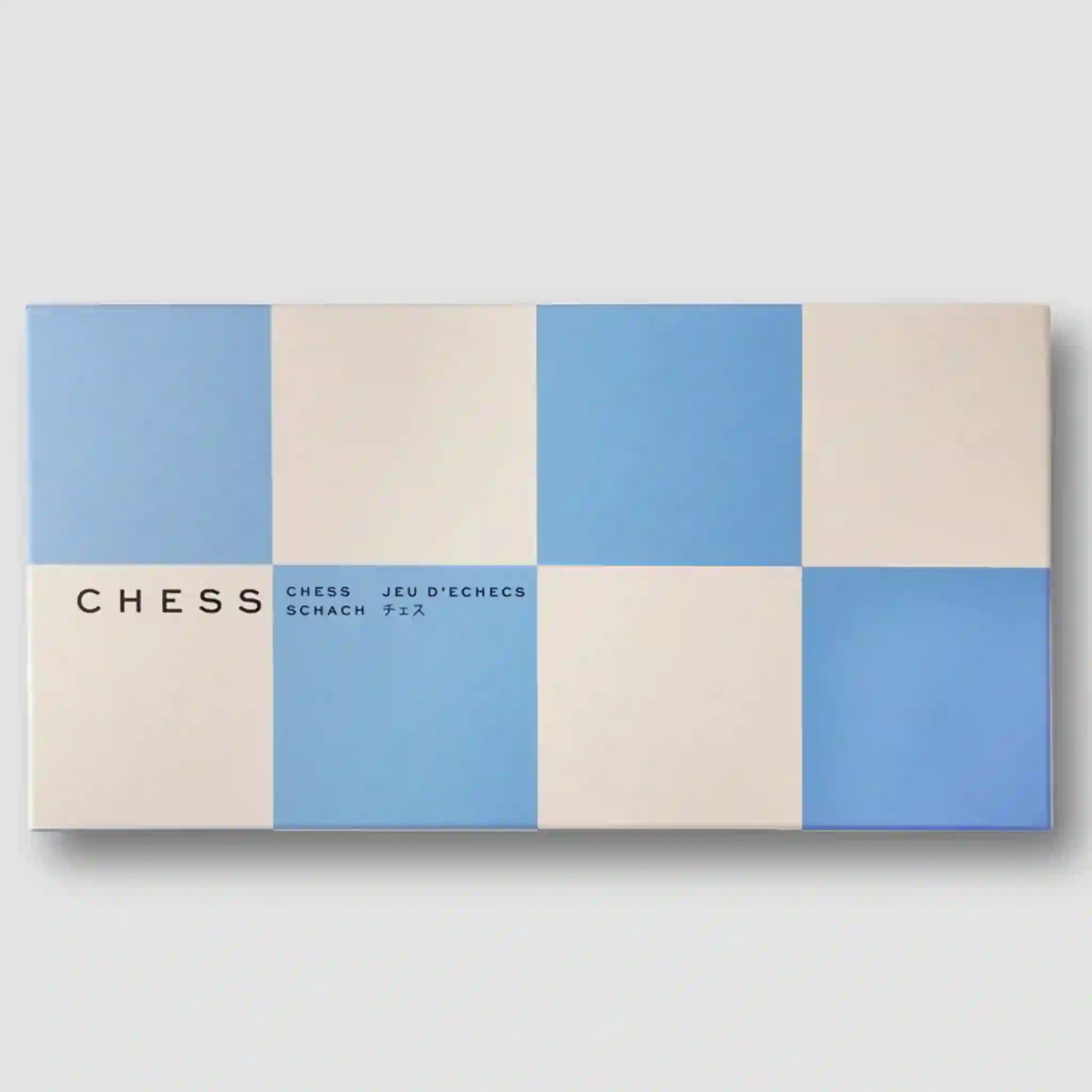 A blue and ivory checker board in a large blue and ivory checkered box. 