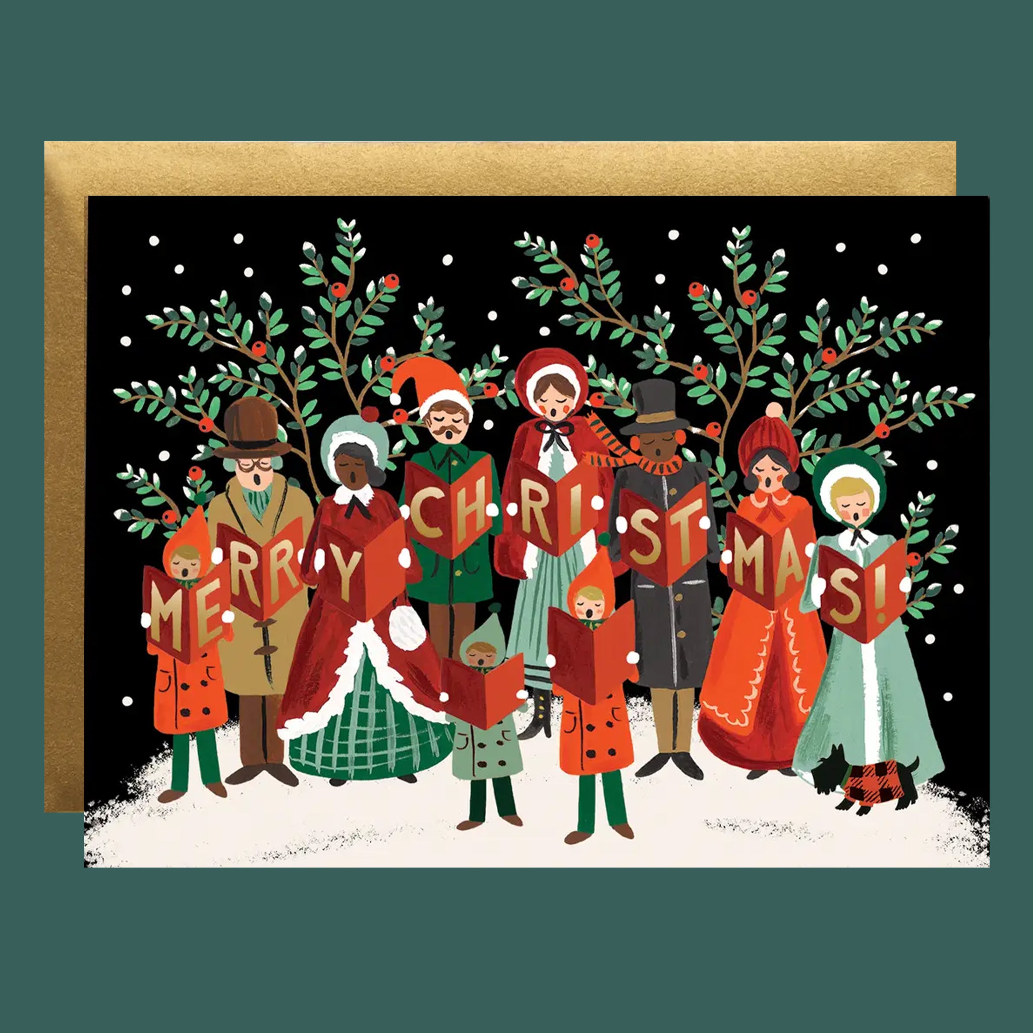 A holiday card with an illustration of carolers with gold foiled text that reads, 'Merry Christmas'. 