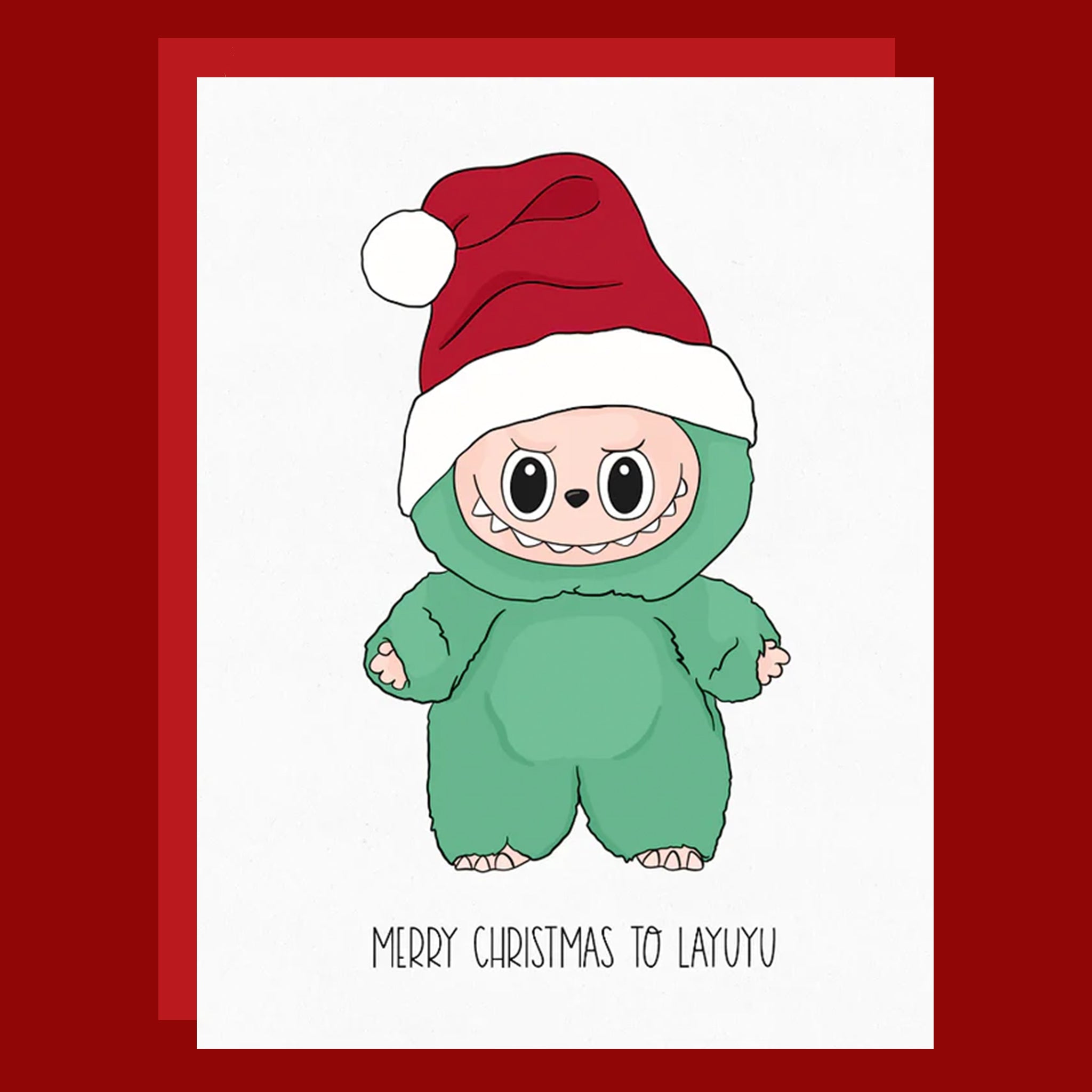 Green labubu with santa hat on that reads "Merry Christmas to Layuyu". 