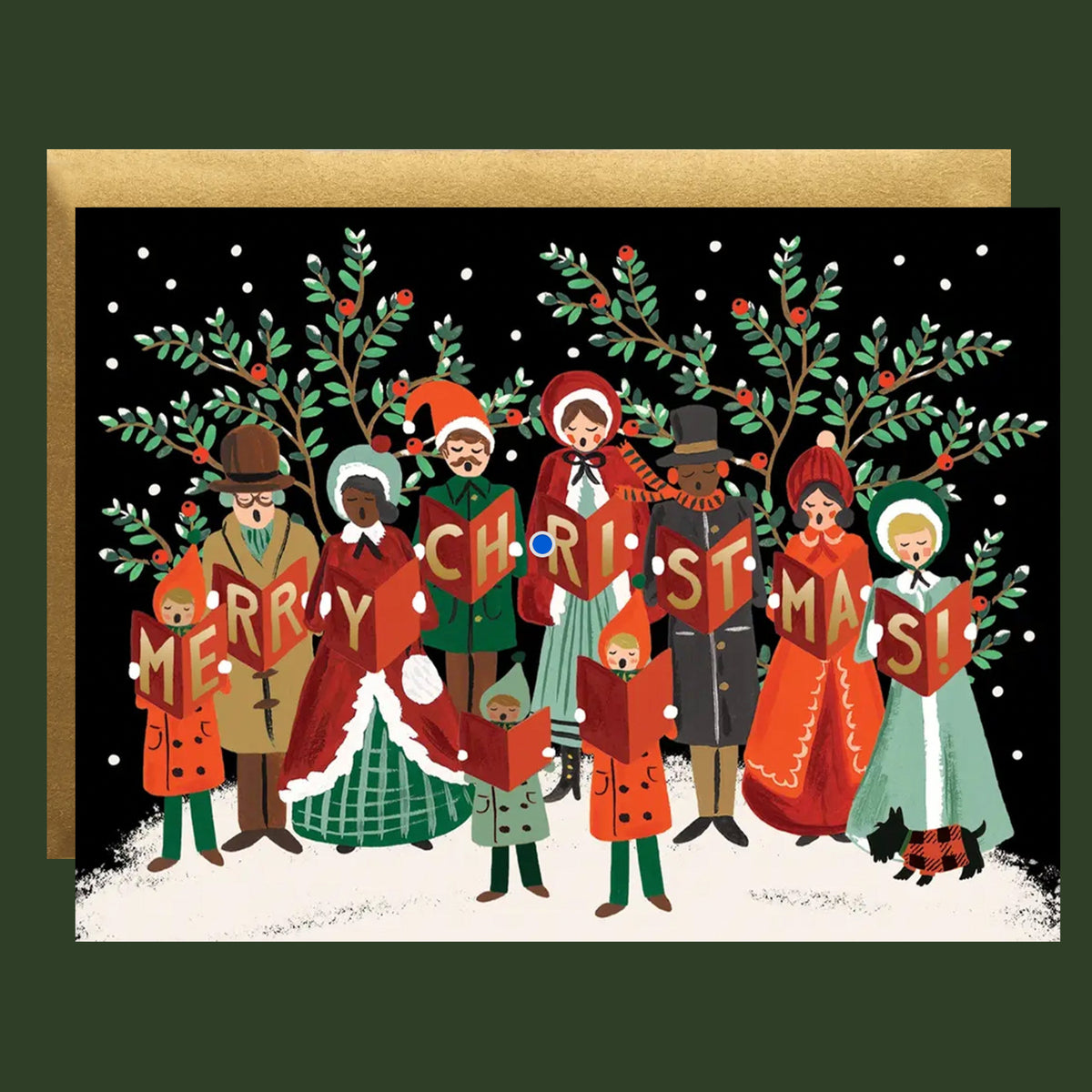 A holiday card with an illustration of carolers with gold foiled text that reads, 'Merry Christmas'. 
