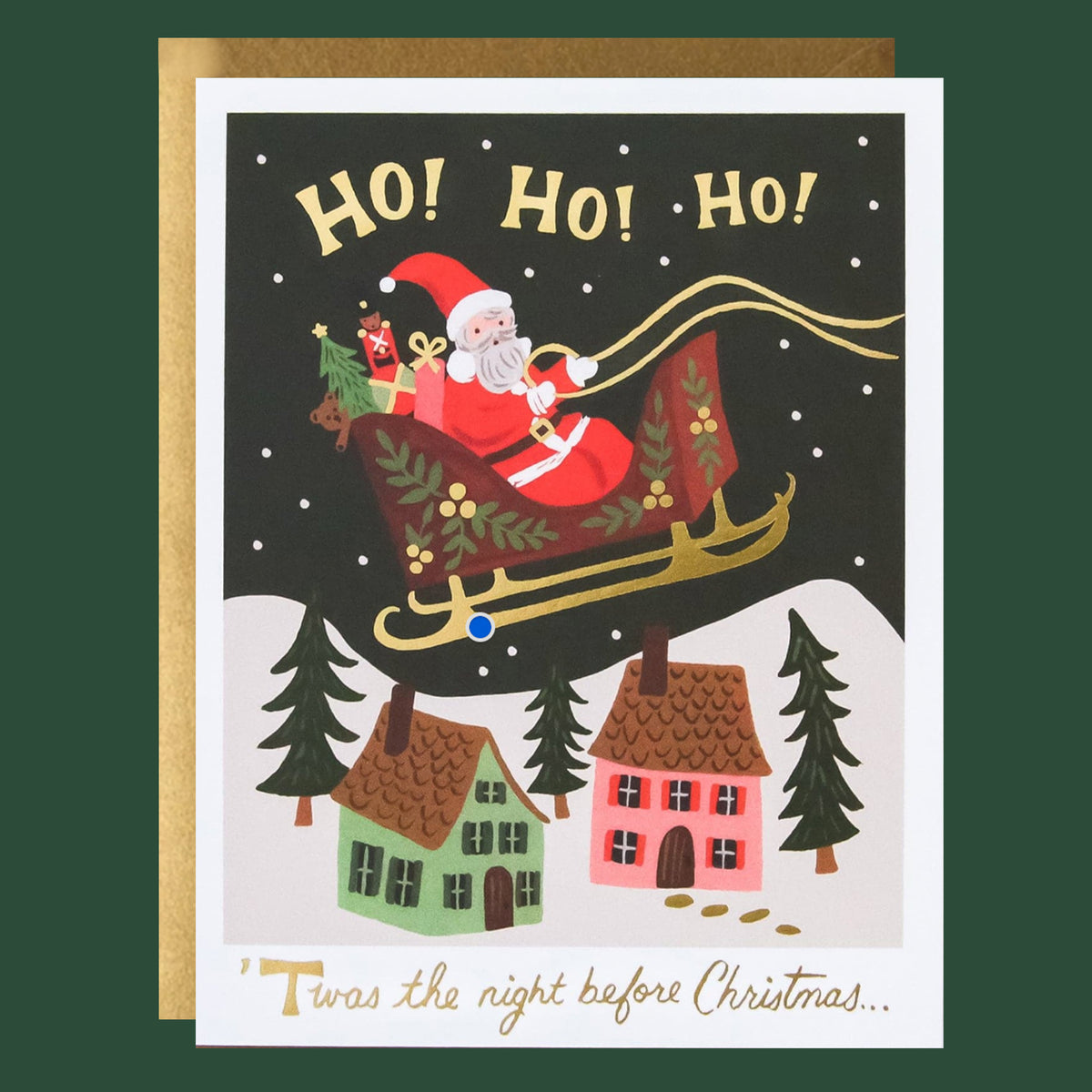 Christmas card with Santa Claus in a sleigh over houses and trees, featuring 'HO! HO! HO!' text.