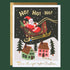 Christmas card with Santa Claus in a sleigh over houses and trees, featuring 'HO! HO! HO!' text.