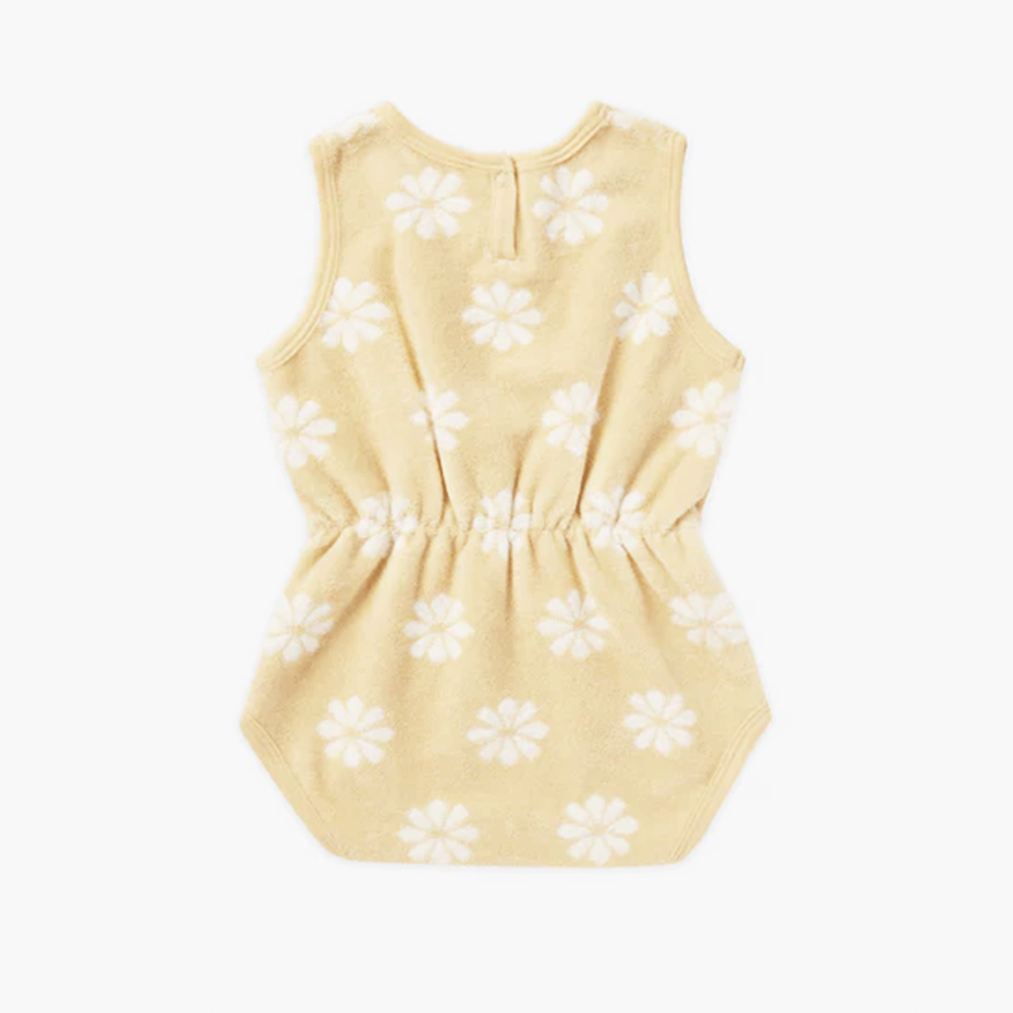 A terry cloth yellow playsuit for babies and toddlers with a white daisy print.
