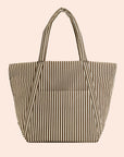 A brown stripe tote bag with a shoulder strap. 