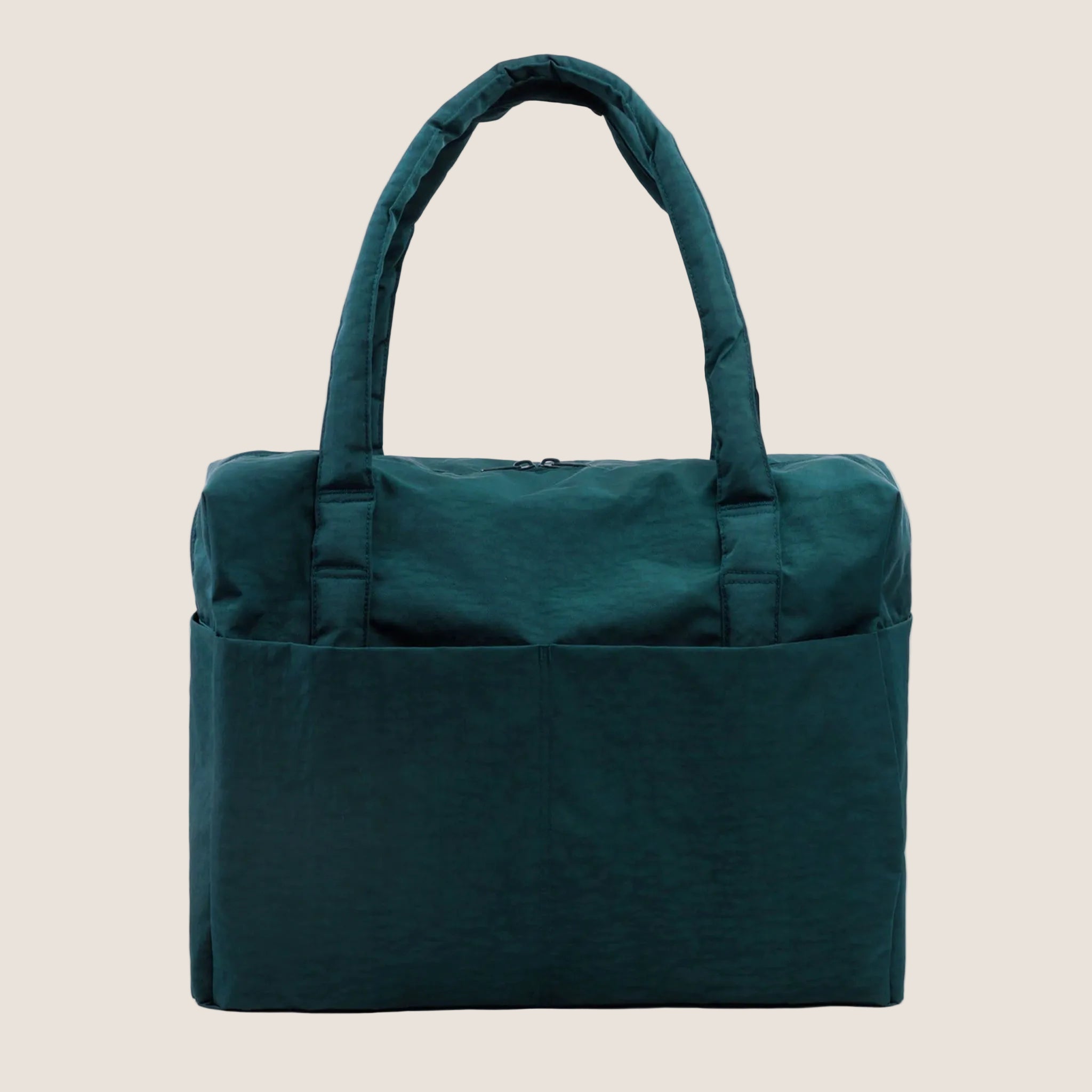 A dark teal colored nylon tote carry on bag. 