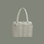 A sage striped nylon carry on bag on a sage background.