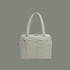 A sage striped nylon carry on bag on a sage background.
