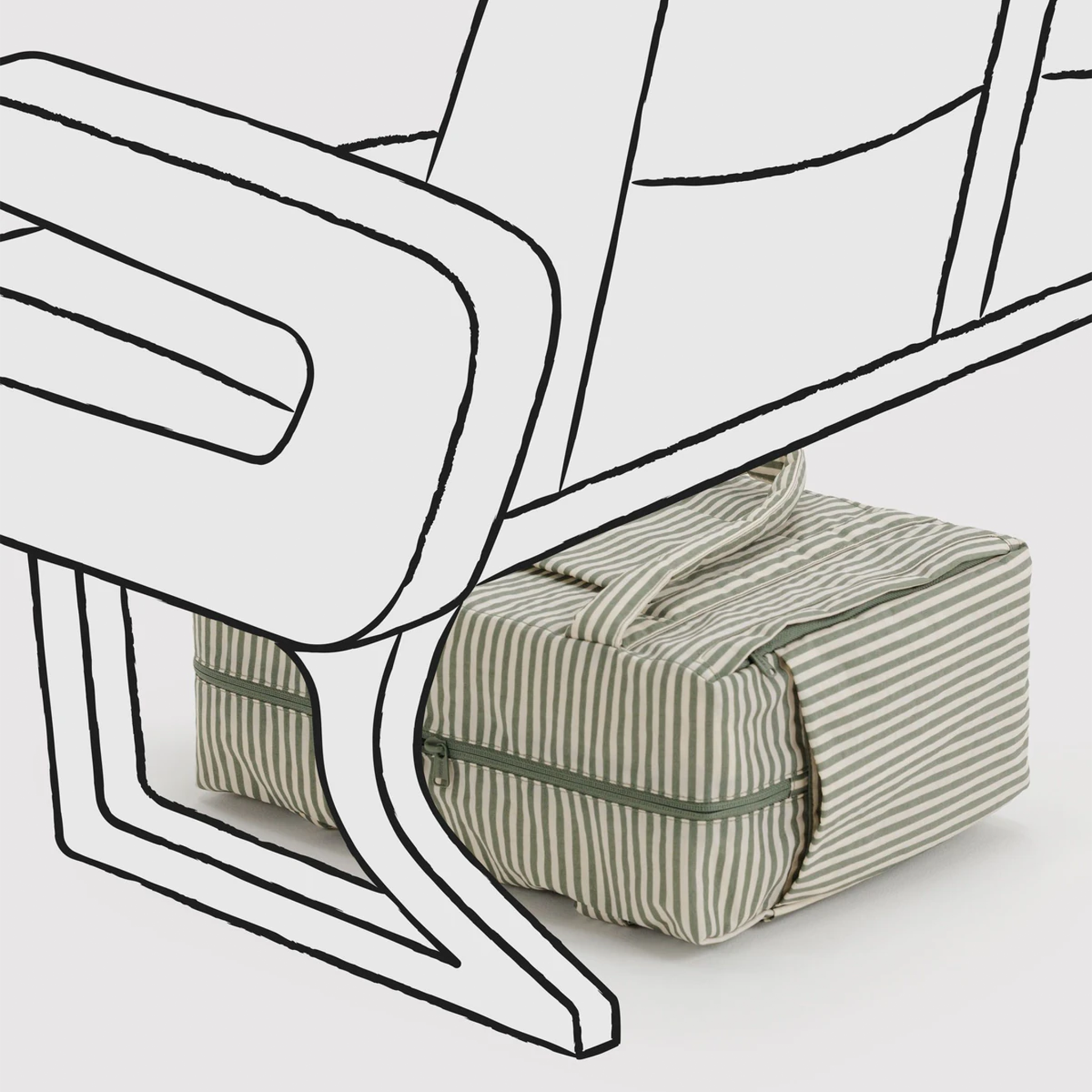 A sage striped nylon carry on bag underneath a drawing of an airplane seat.